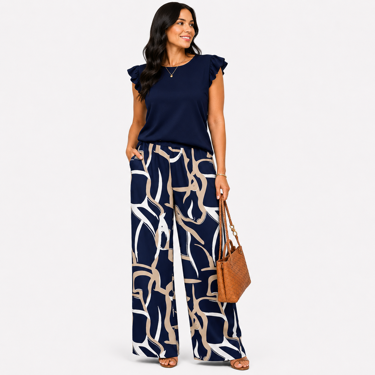 Damen Wide Leg Set Marineblau Geometrisch - Lockere Passform Sommer Eleganz Look - Rosesamour