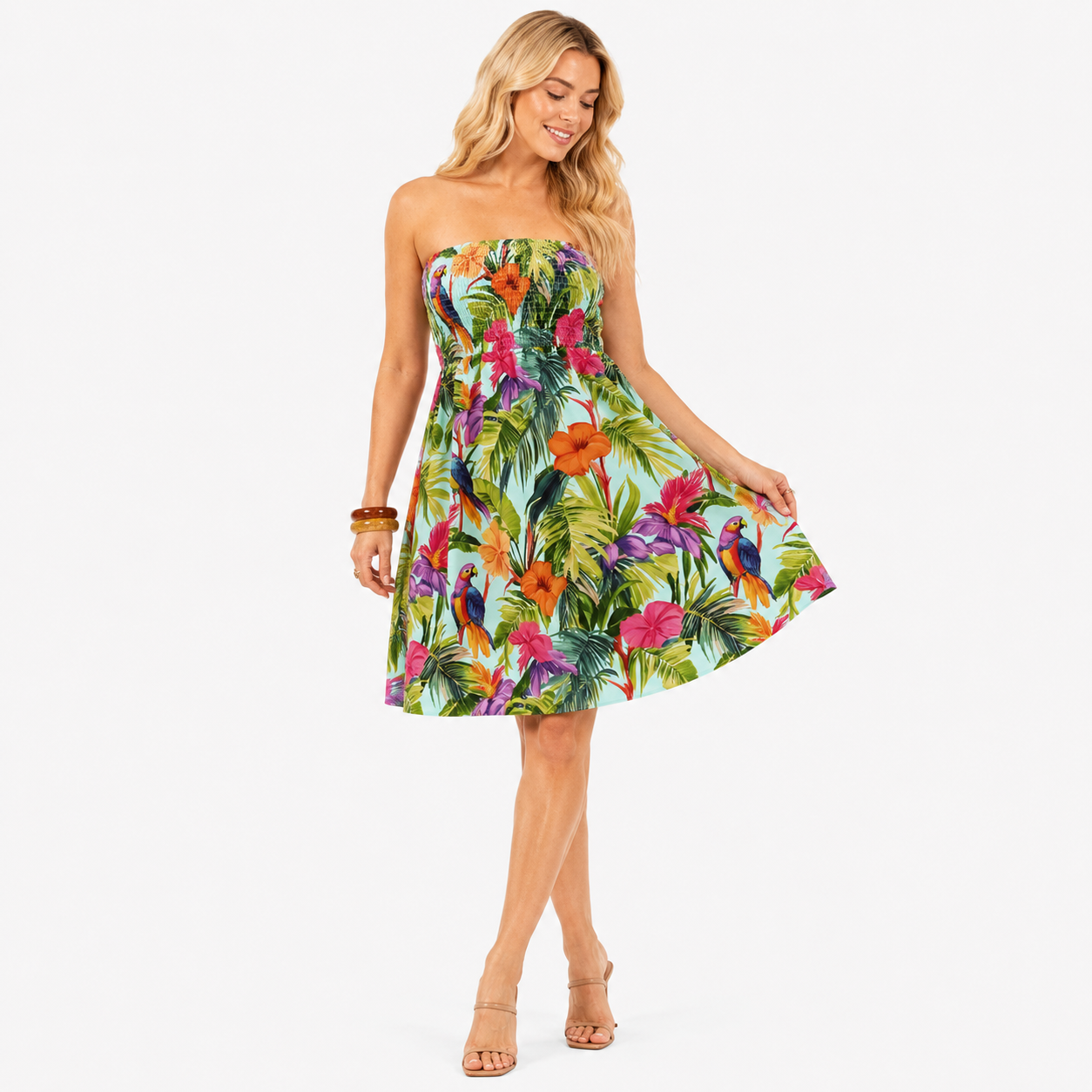 Damen Bandeau Sommerkleid Türkis Tropisch - Fließende Passform Urlaub Sommer Look - Rosesamour