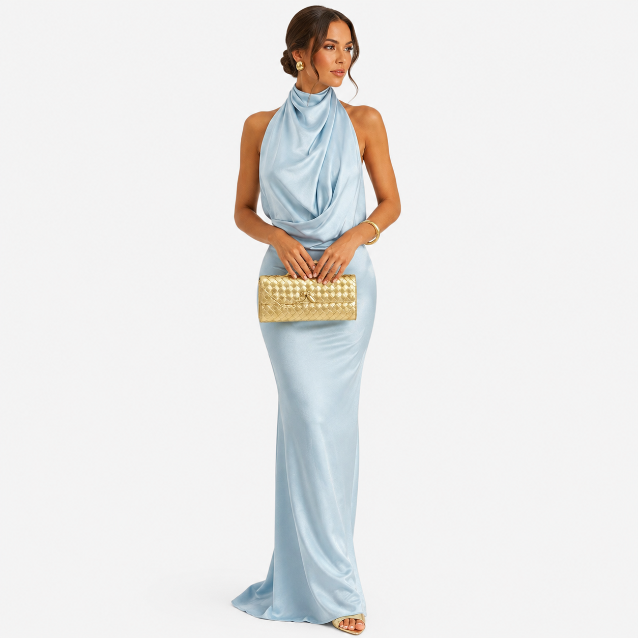 Damen Maxikleid Hellblau in Satinoptik - Elegante Silhouette im Backless Look - Rosesamour