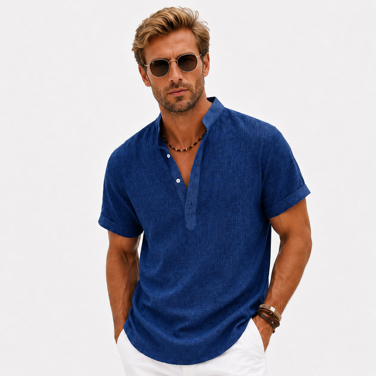 Herren Poloshirt Dunkelblau Uni - Bequeme Passform Leinenlook - Rosesamour
