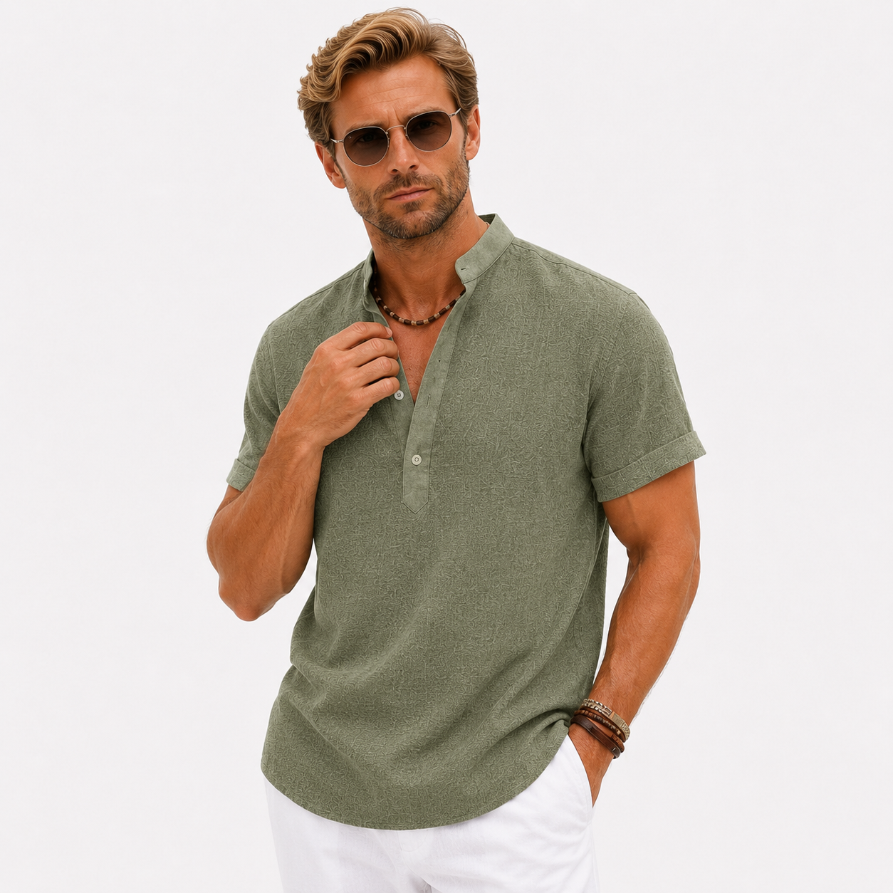 Herren Poloshirt Grün Uni - Bequeme Passform Leinenlook - Rosesamour