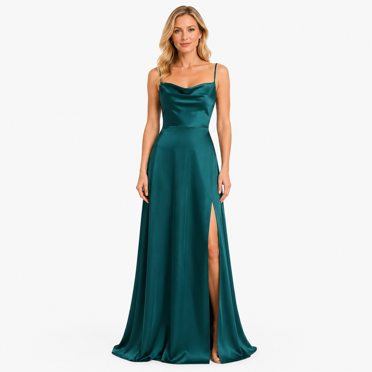 Damen Maxi Kleid Grün Satinoptik - Eleganter Fall mit Beinschlitz - Rosesamour