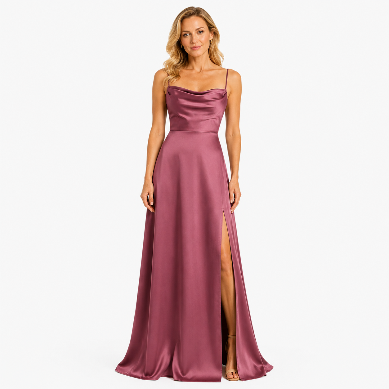 Damen Maxi Kleid Rosa Satinoptik - Eleganter Fall mit Beinschlitz - Rosesamour