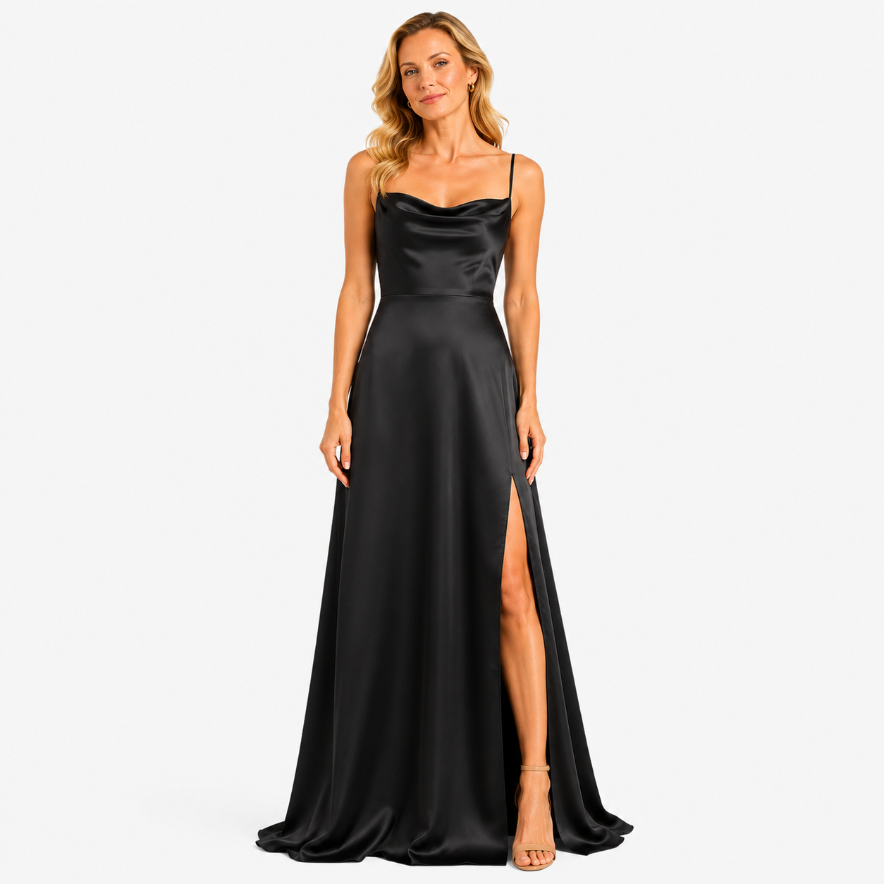 Damen Maxi Kleid Schwarz Satinoptik - Eleganter Fall mit Beinschlitz - Rosesamour