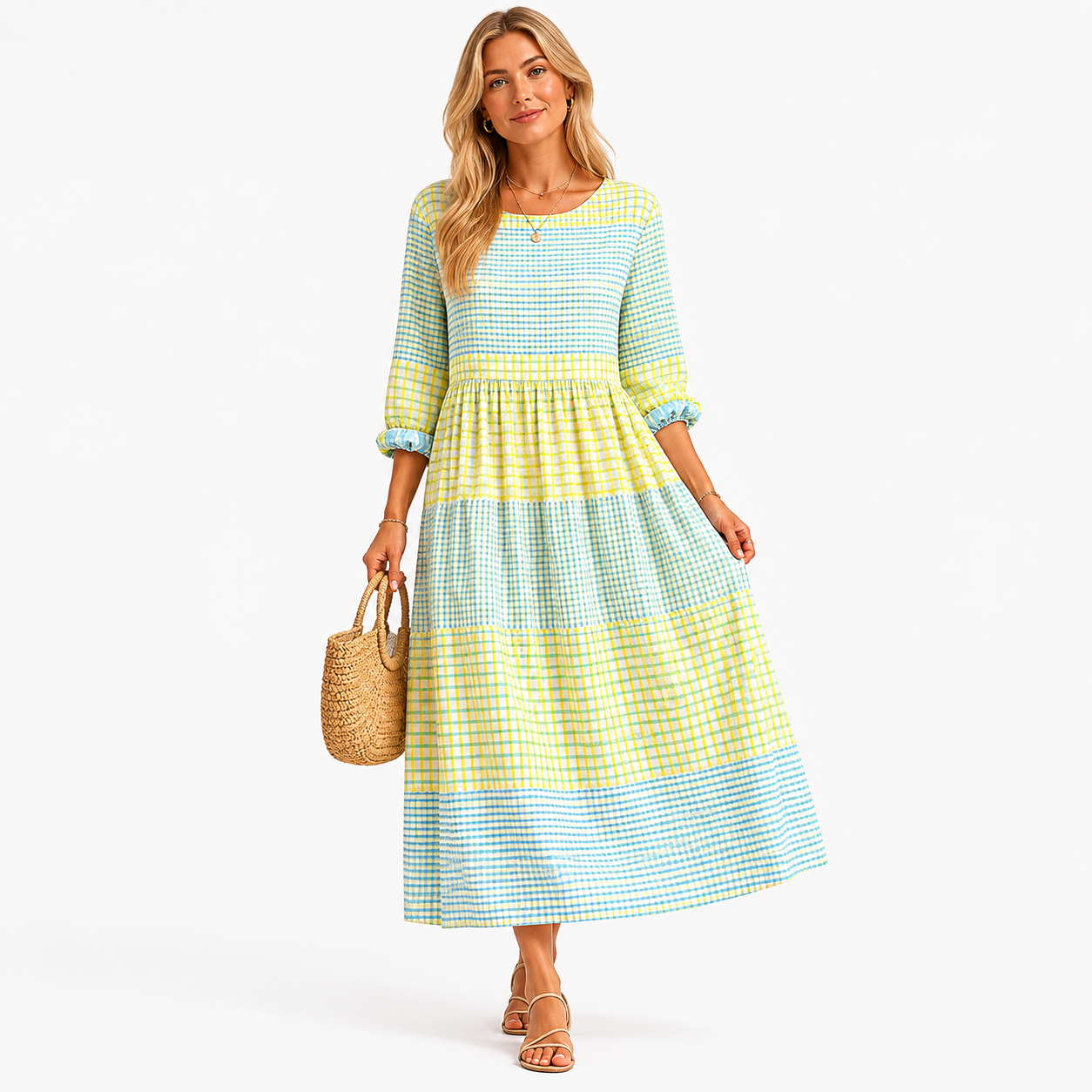 Damen Freizeitkleid Hellblau Kariert - Lockerer Boho Look - Rosesamour