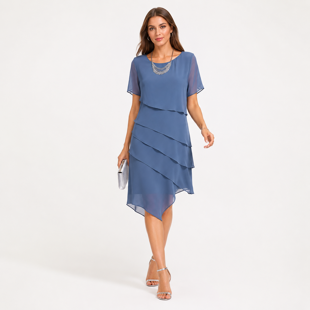 Damen Kleid Blau Elegant - Figurschmeichelnder Chiffon Look - Rosesamour