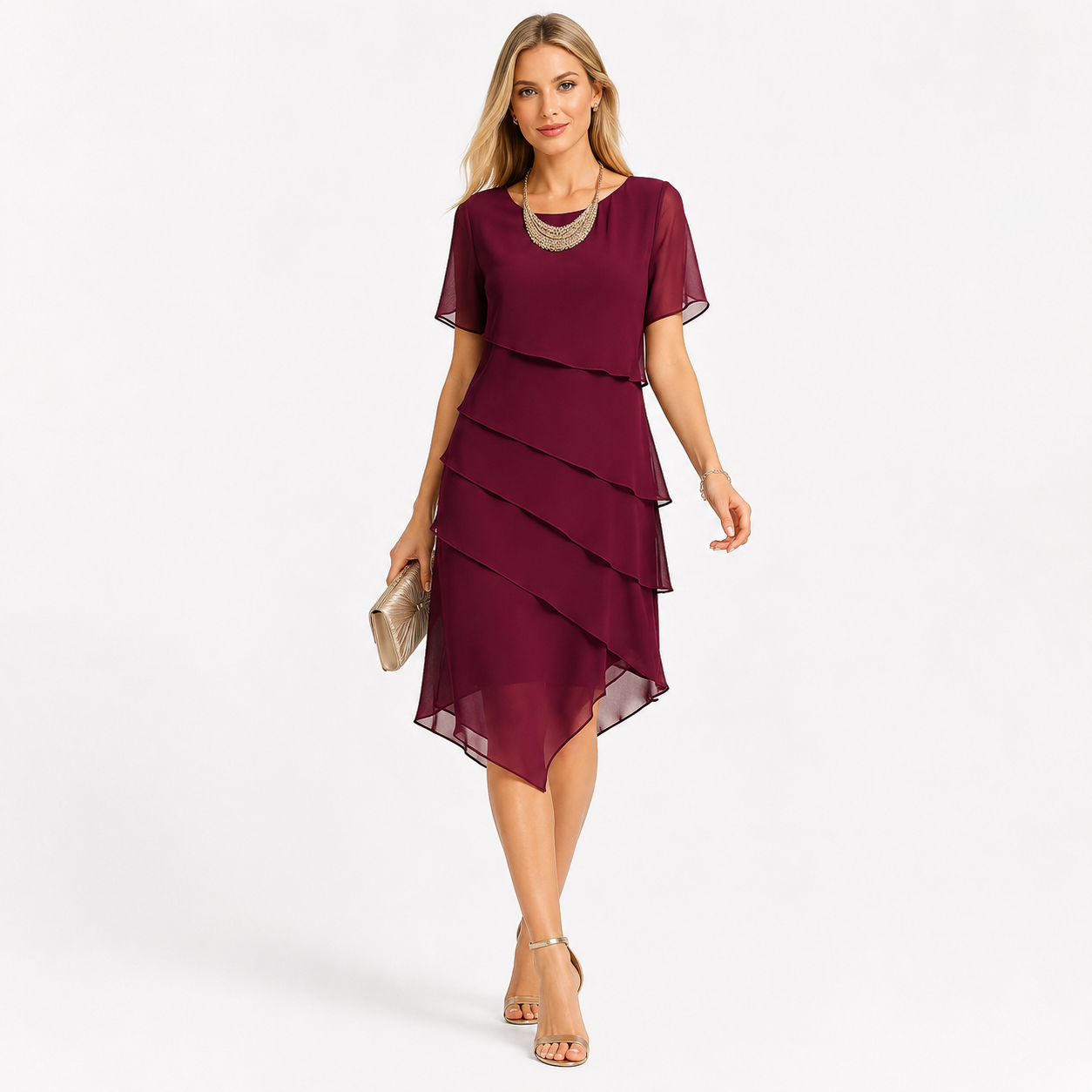 Damen Kleid Bordeauxrot Elegant - Figurschmeichelnder Chiffon Look - Rosesamour