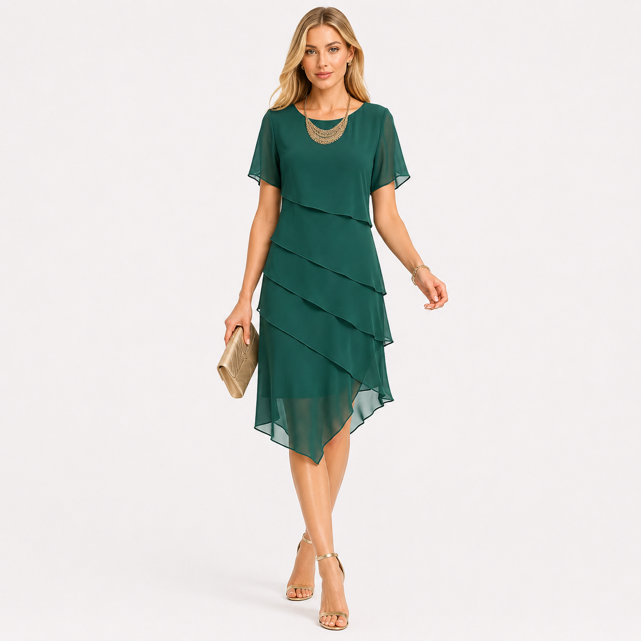 Damen Kleid Smaragdgrün Elegant - Figurschmeichelnder Chiffon Look - Rosesamour