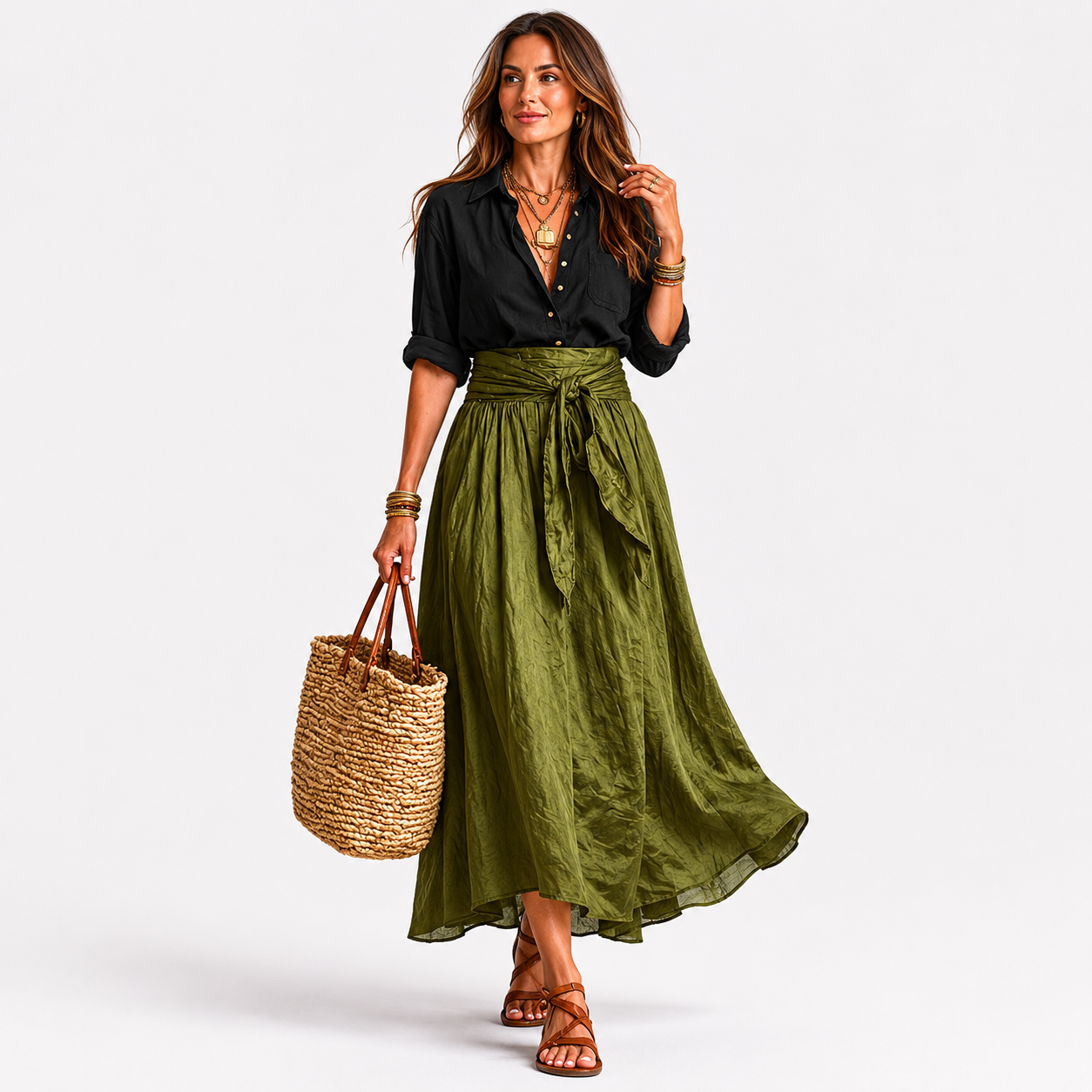 Damen Zweiteiler Schwarz Olivgrün - Lockerer Boho Look - Rosesamour