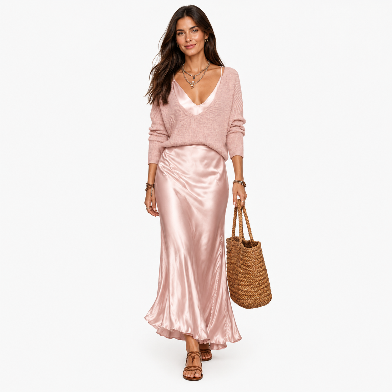 Damen Midi Kleid Rosa Elegant - Weicher Strick Look - Rosesamour