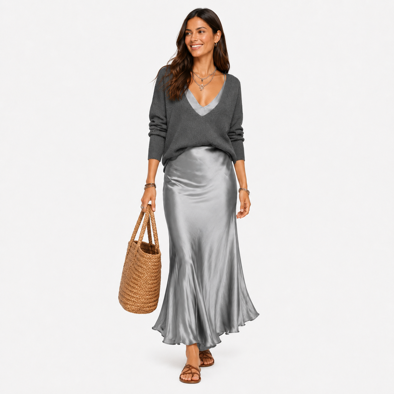 Damen Midi Kleid Grau Elegant - Weicher Strick Look - Rosesamour