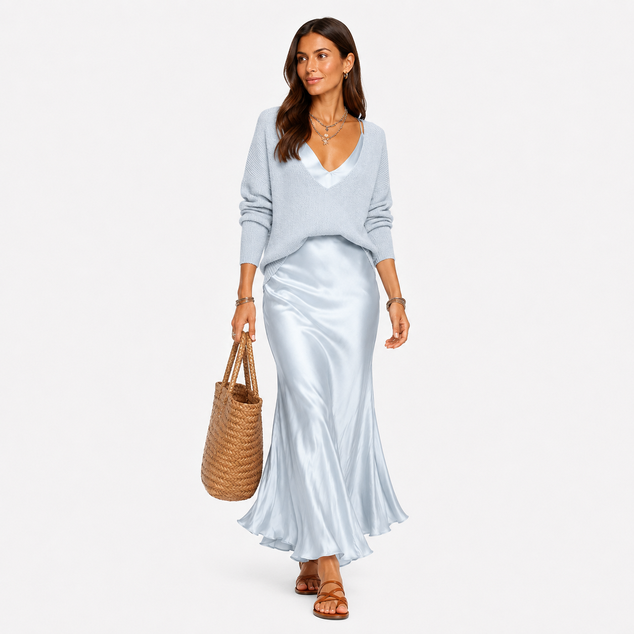 Damen Midi Kleid Hellblau Elegant - Weicher Strick Look - Rosesamour