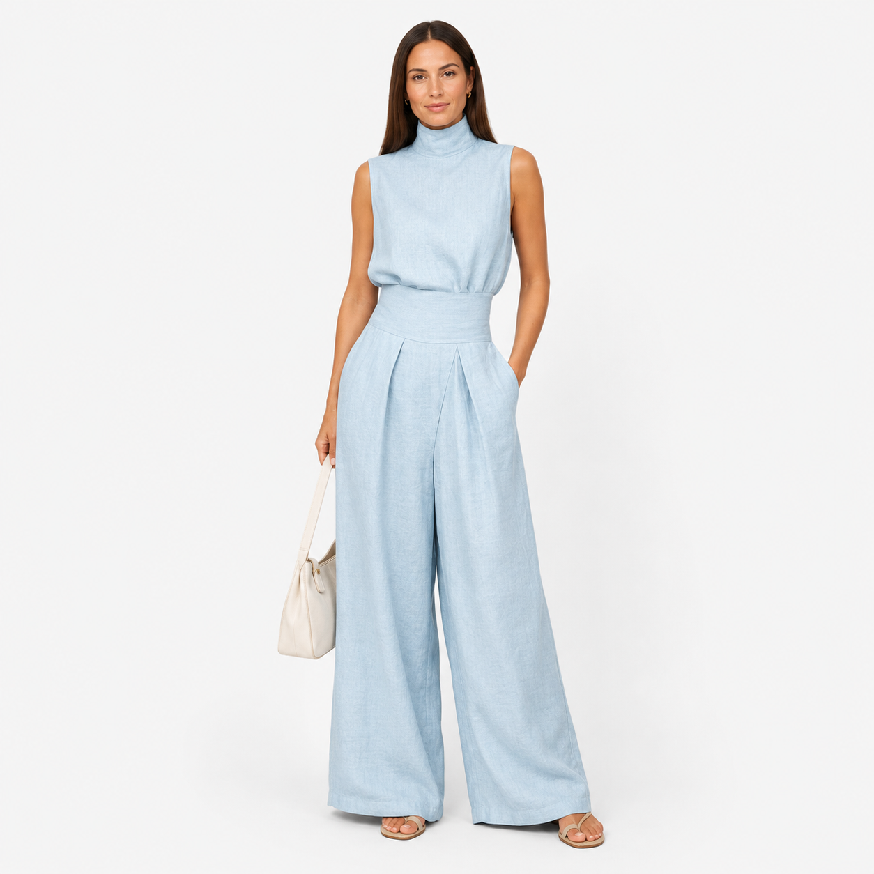 Damen Hellblauer Blusen Hosen Zweiteiler - Weite Eleganz mit fließendem Leinenlook - Rosesamour