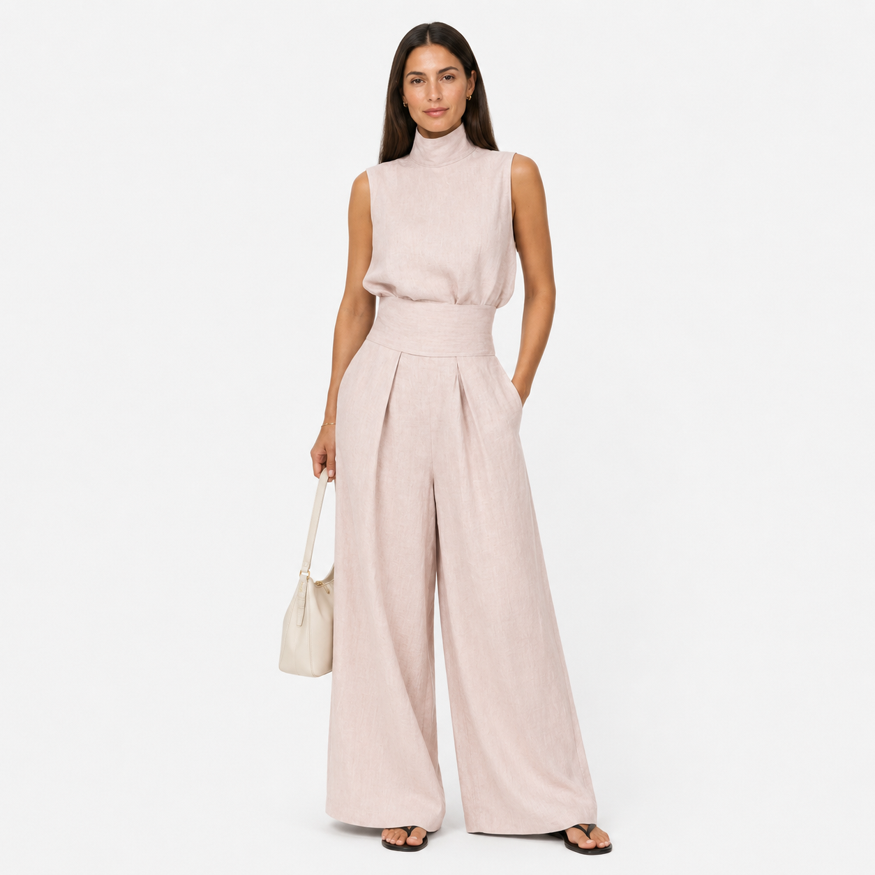 Damen Rosé Blusen Hosen Zweiteiler - Weite Eleganz mit fließendem Leinenlook - Rosesamour