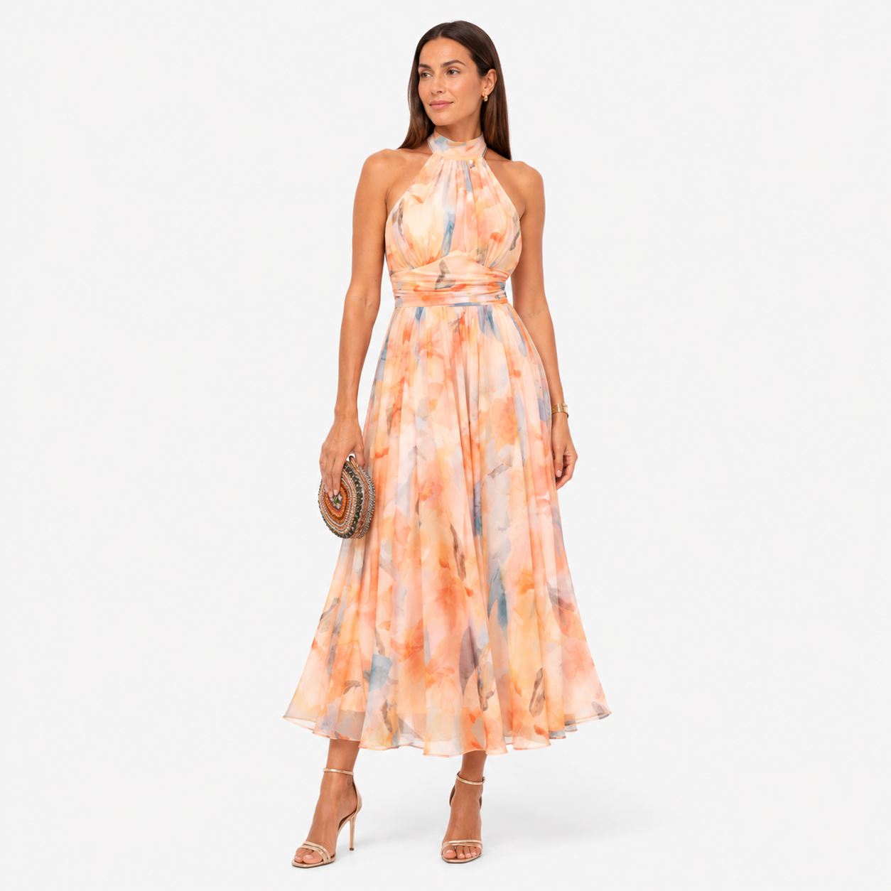 Damen Aurora Aquarell Halter Neck Kleid - Fließende Eleganz mit femininem Sommerlook - Rosesamour