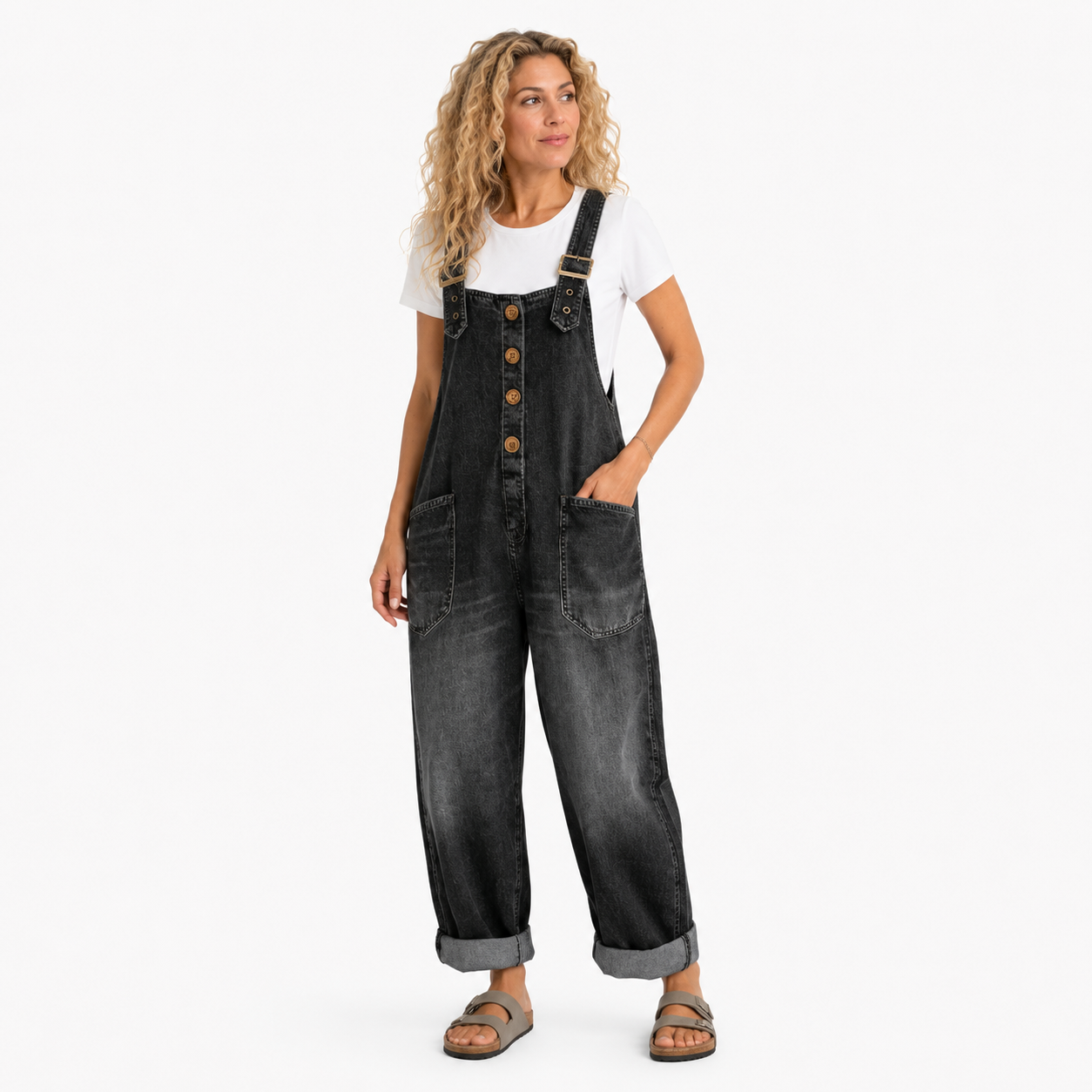 Damen Schwarzer Schnallen Jeansoverall - Lockerer Denim Look mit lässiger Passform - Rosesamour
