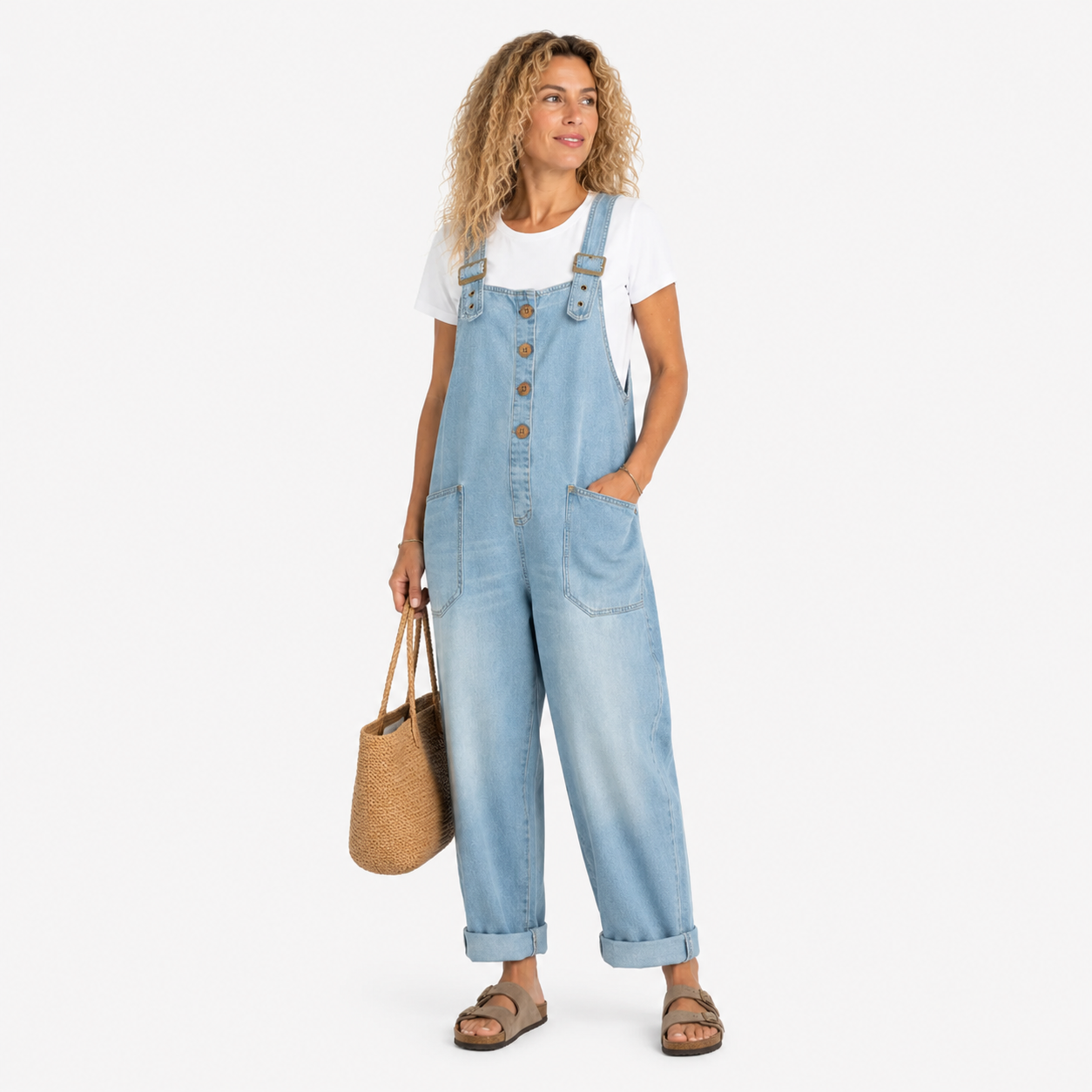 Damen Hellblauer Schnallen Jeansoverall - Vielseitiger Denim Look mit lockerer Passform - Rosesamour