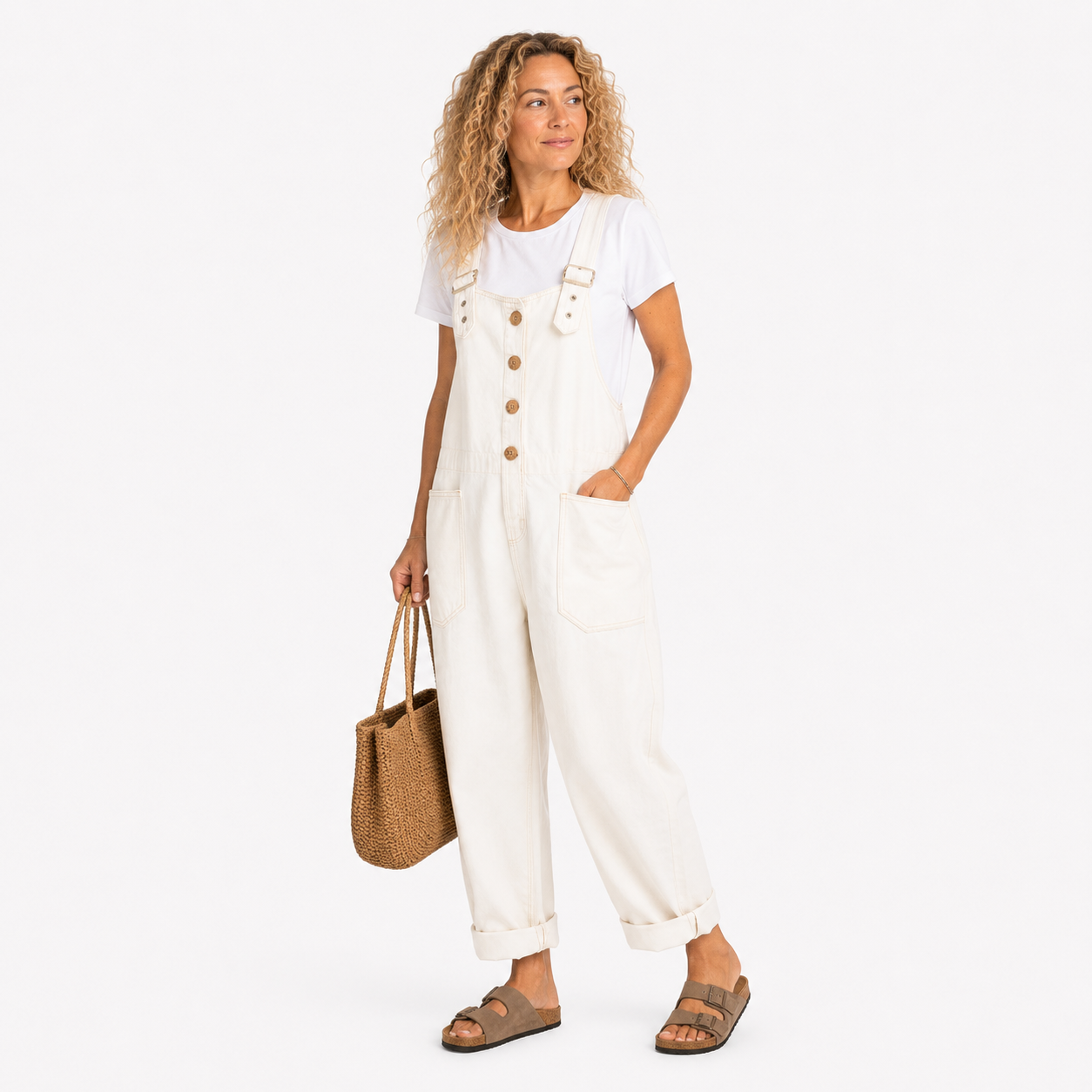 Damen Weißer Schnallen Jeansoverall - Vielseitiger Denim Look mit lockerer Passform - Rosesamour