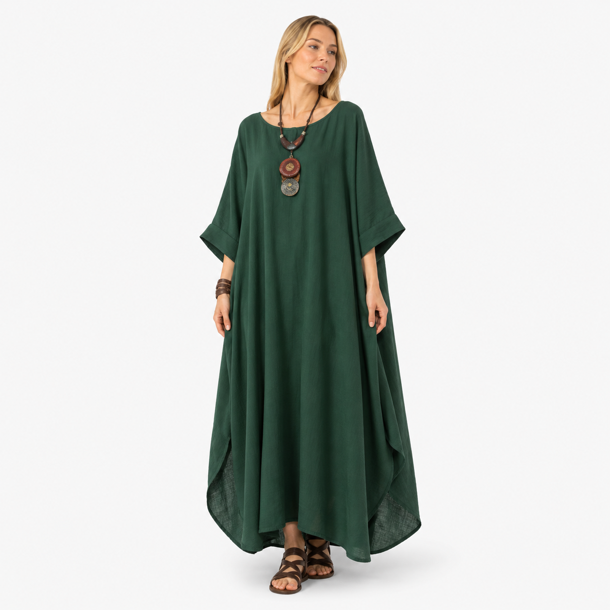 Damen Baumwollkleid Grün - Locker Fließende Maxi Passform - Rosesamour