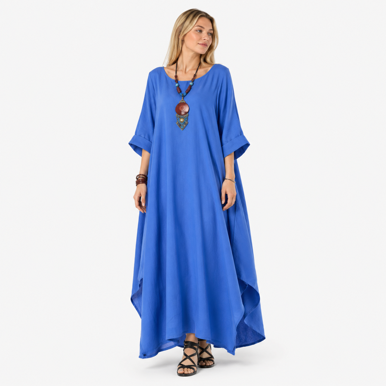 Damen Baumwollkleid Blau - Locker Fließende Maxi Passform - Rosesamour