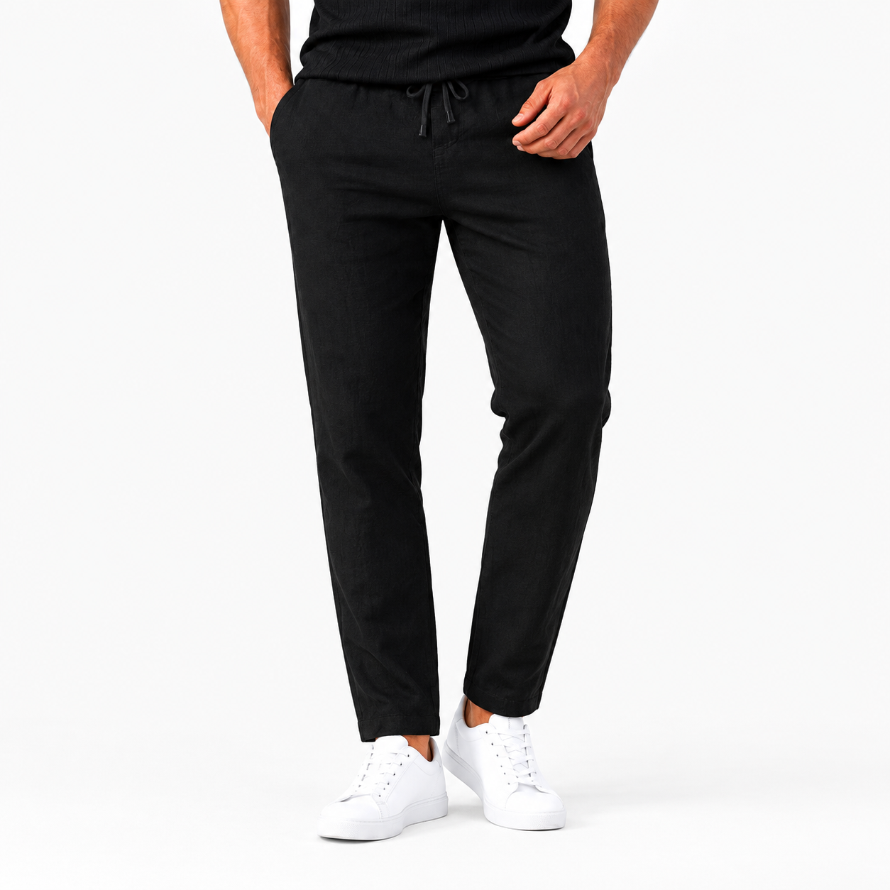 Herren Leinenhose Schwarz Unifarben - Slim Fit Sommerlook Leicht - Rosesamour