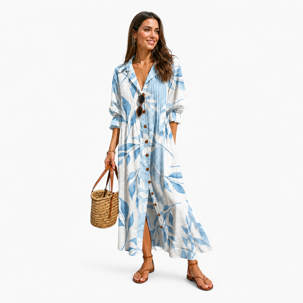 Damen Maxikleid Blau Blätterprint - Boho Sommerstil Leicht - Rosesamour