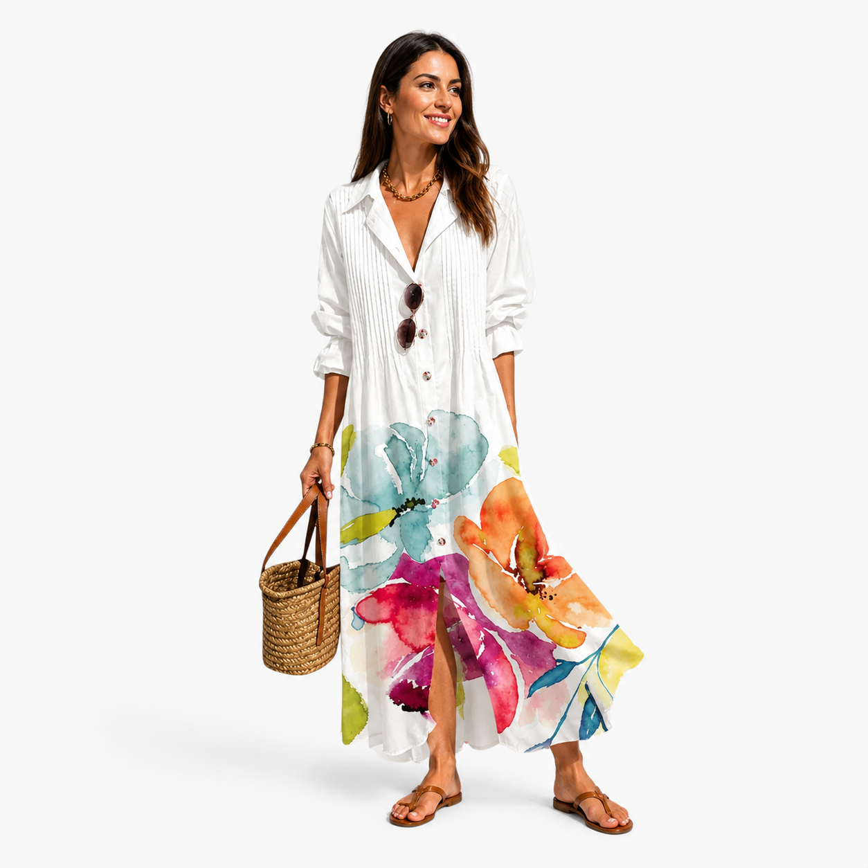 Damen Boho Maxikleid Weiß mit Blumenprint - Lockerer Sommer Look - Rosesamour