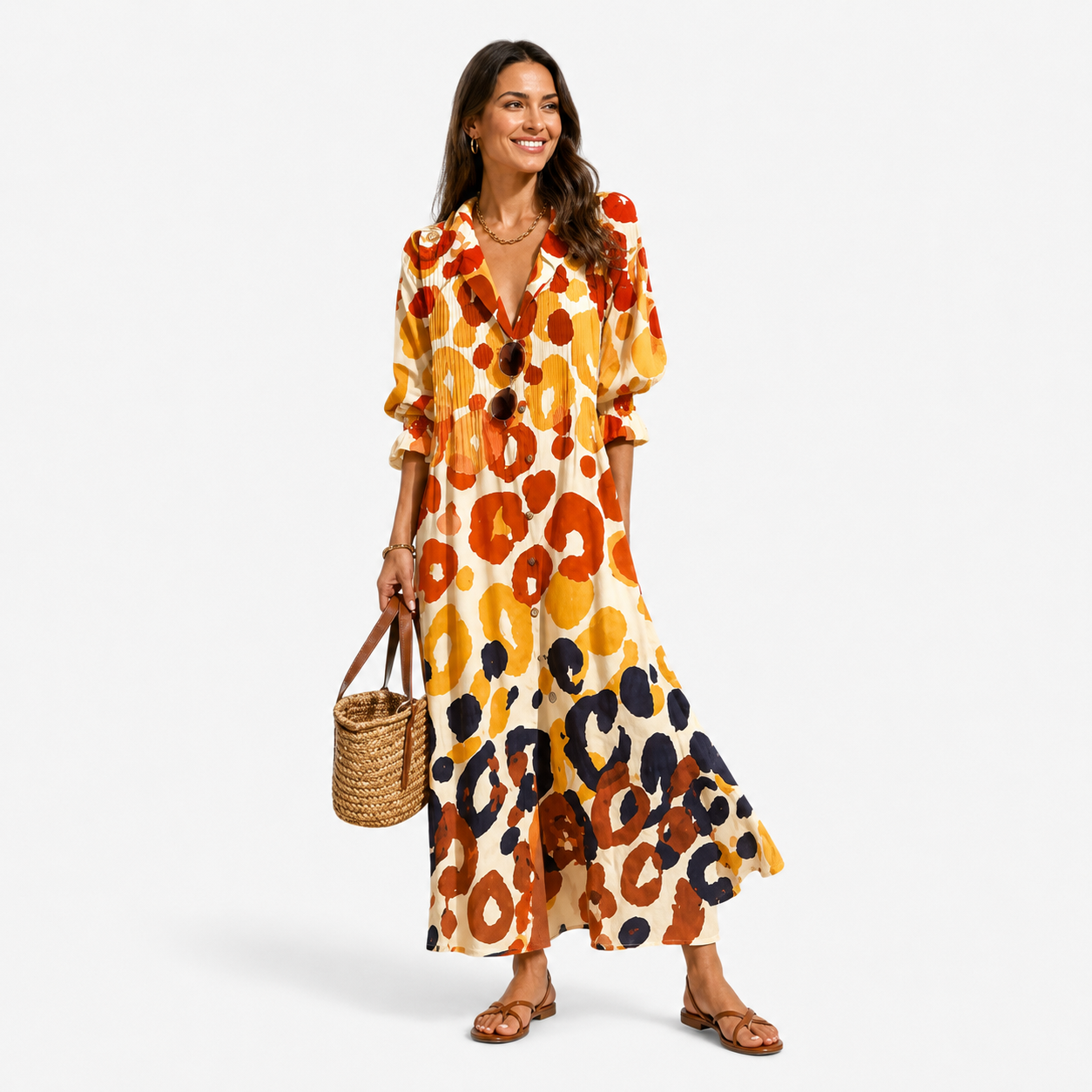 Damen Maxikleid Orange Boho Print - Sommerlich Leicht Fließend - Rosesamour