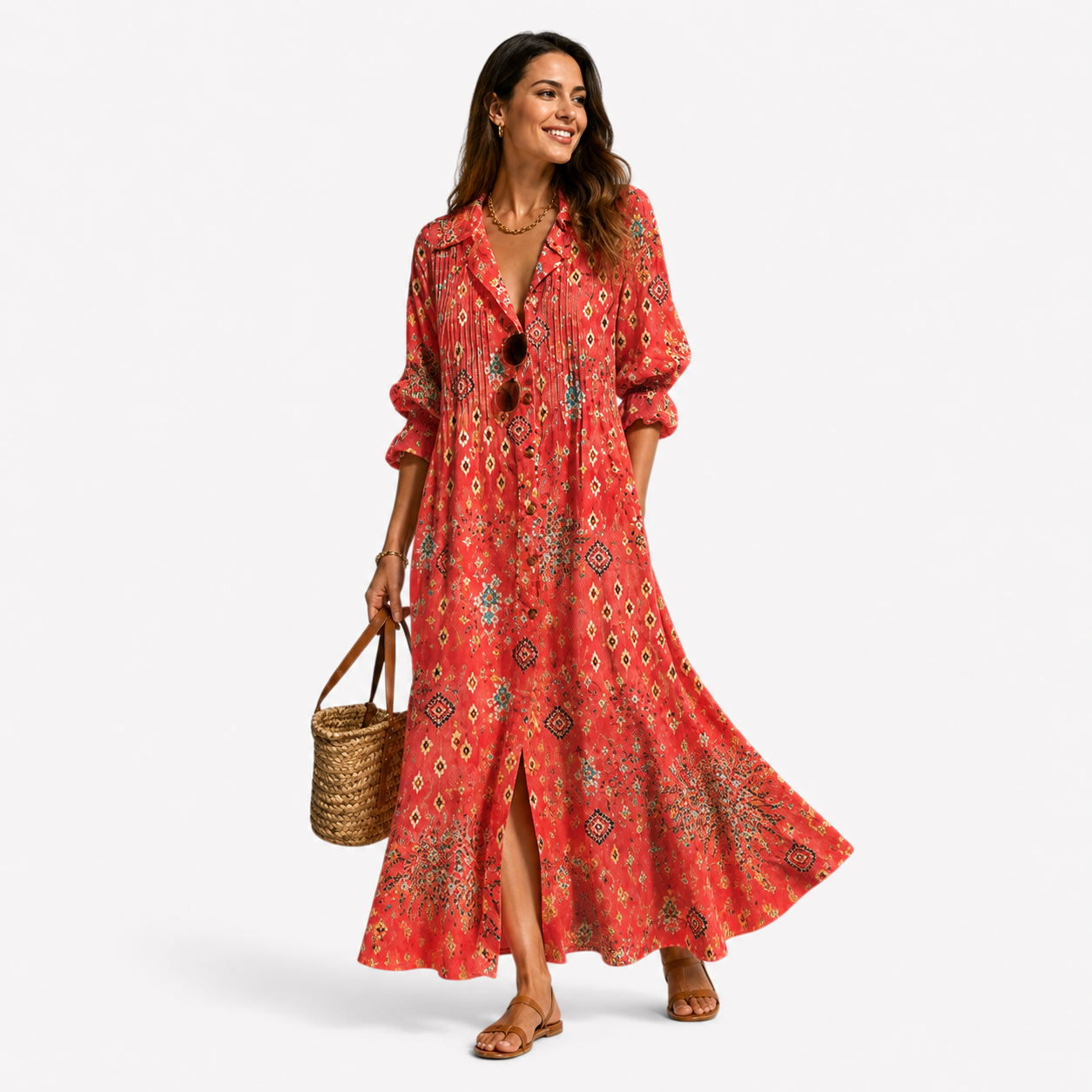 Damen Maxikleid Rot Boho Muster - Sommerlich Leicht Fließend - Rosesamour