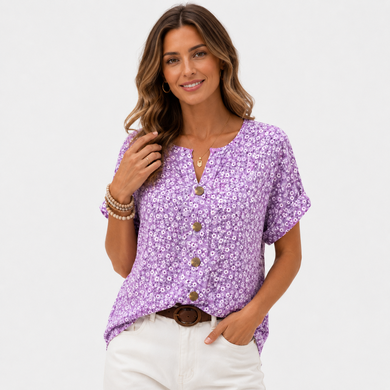 Damen Blumenbluse Flieder Gemustert - Locker Leicht Baumwolllook - Rosesamour
