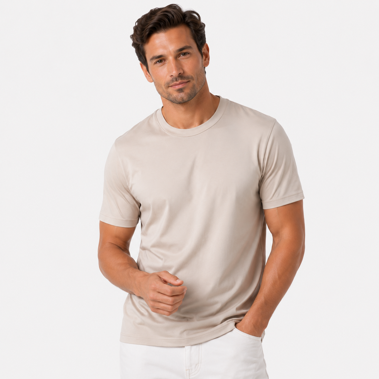 Herren Eis-Seide T-Shirt Beige - Leicht Kühlend Seidigweich - Rosesamour