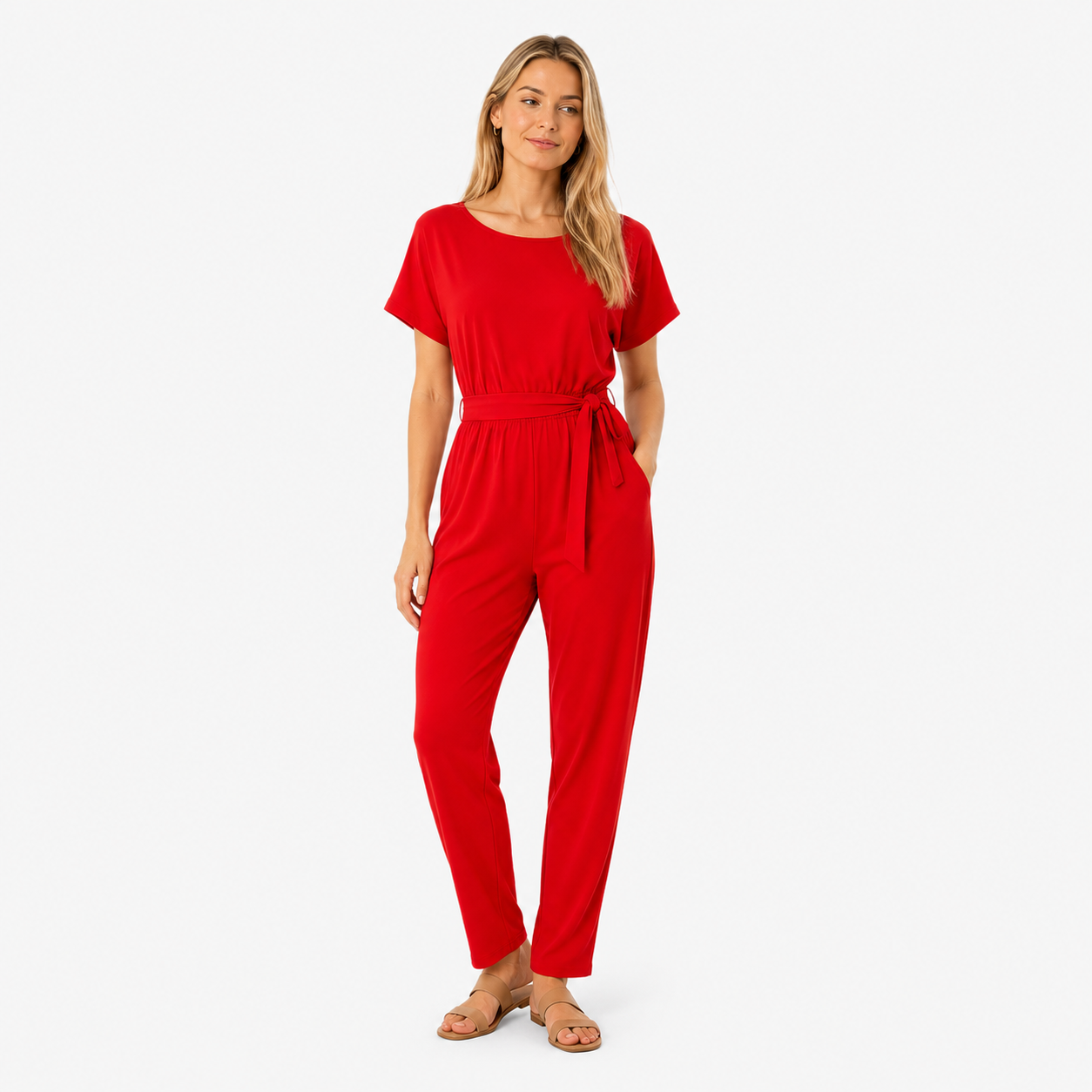 Damen Jumpsuit Rot Unifarben - Weit Geschnitten Mit Gürtel - Rosesamour