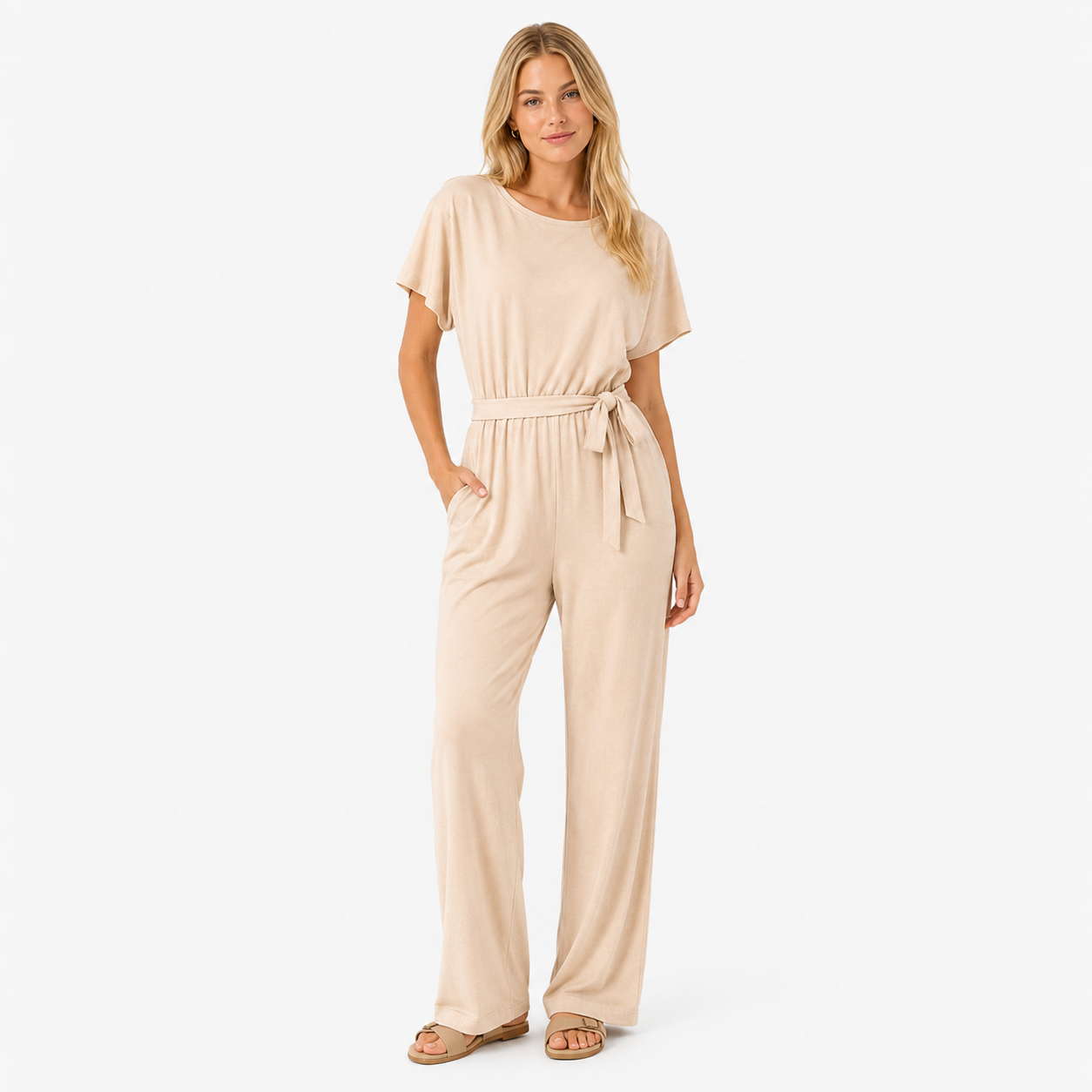 Damen Jumpsuit Beige Unifarben - Weit Geschnitten Mit Gürtel - Rosesamour