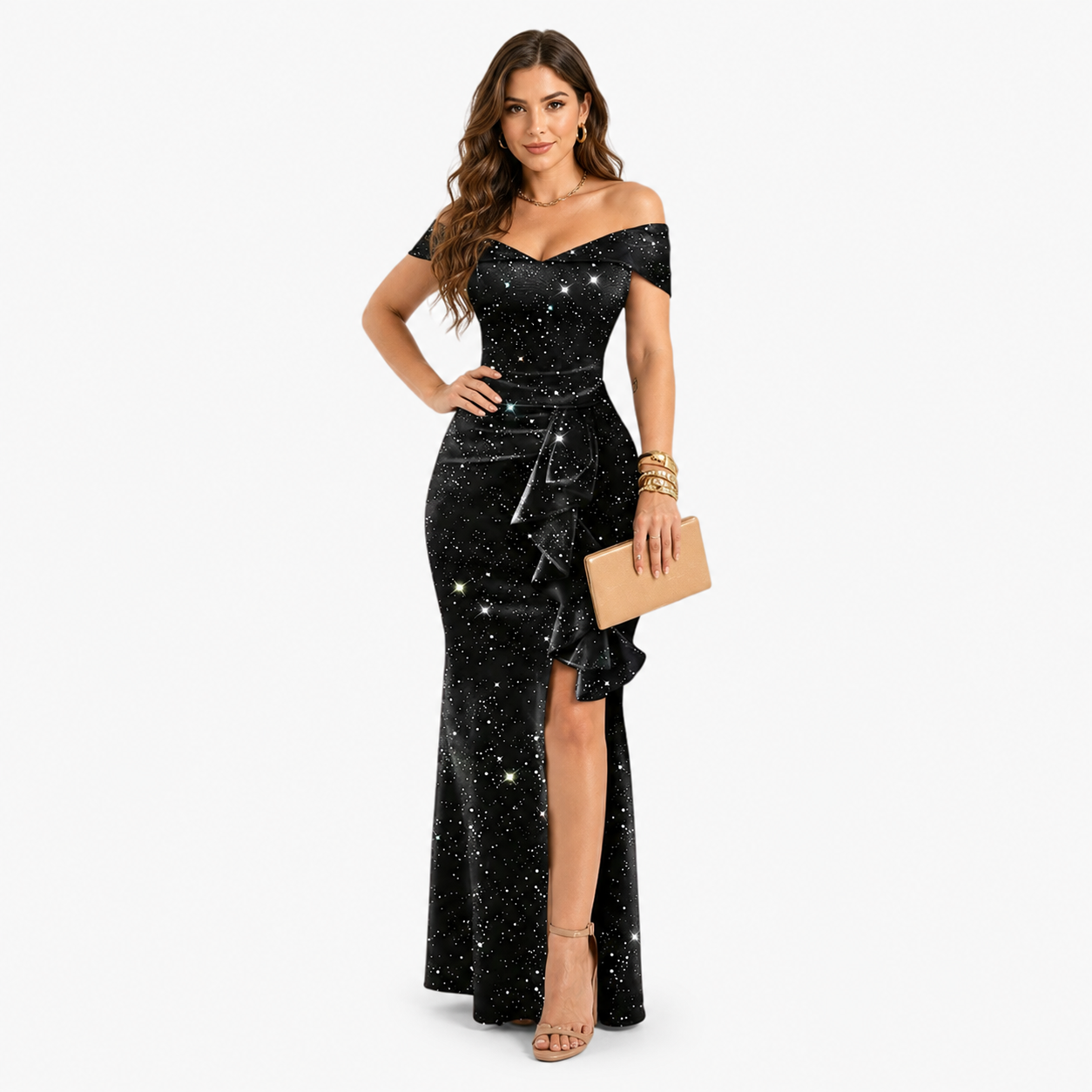 Damen Abendkleid Schwarz mit Glitzer - Figurbetonte Elegante Off Shoulder Passform - Rosesamour