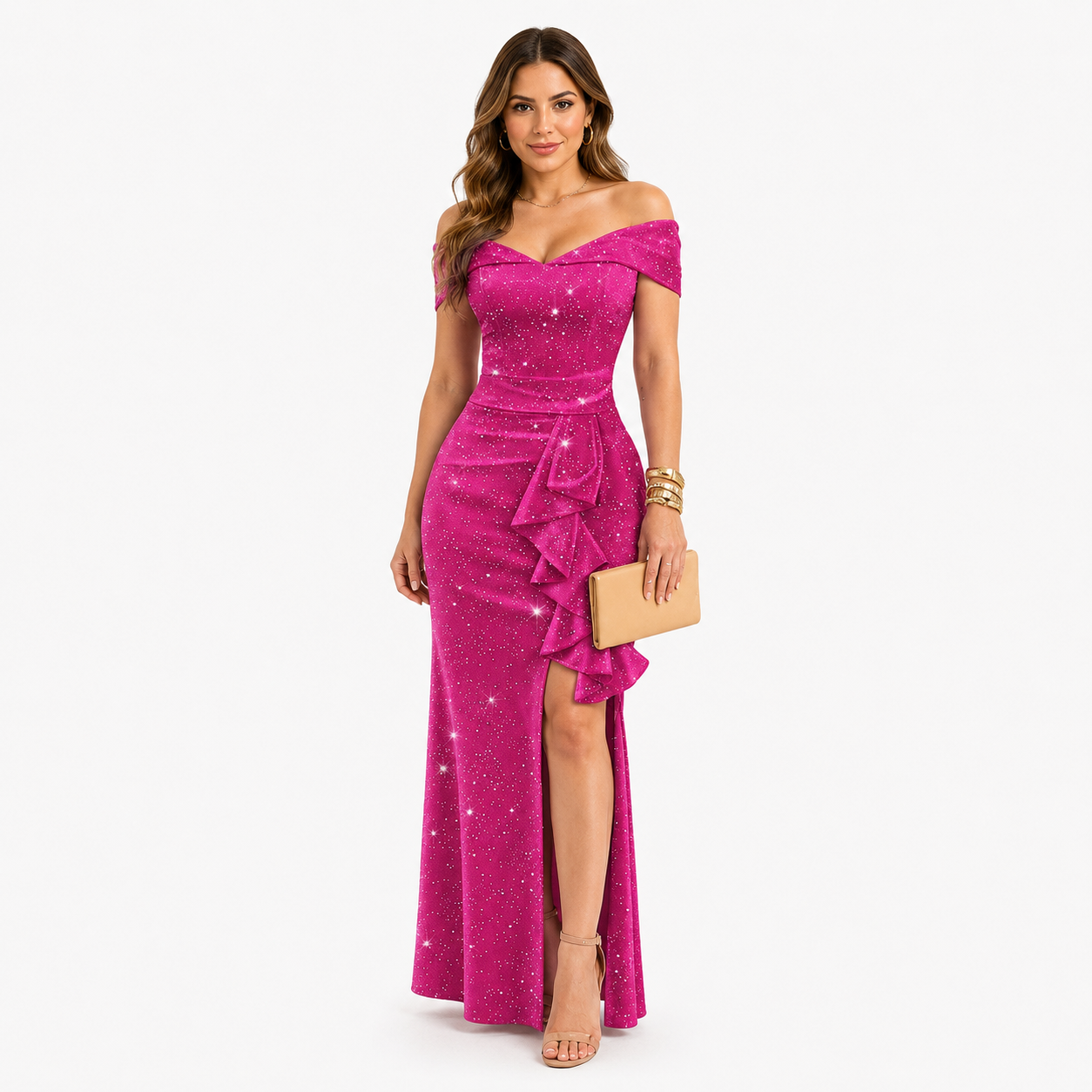 Damen Abendkleid Rosa mit Glitzer - Figurbetonte Elegante Off Shoulder Passform - Rosesamour