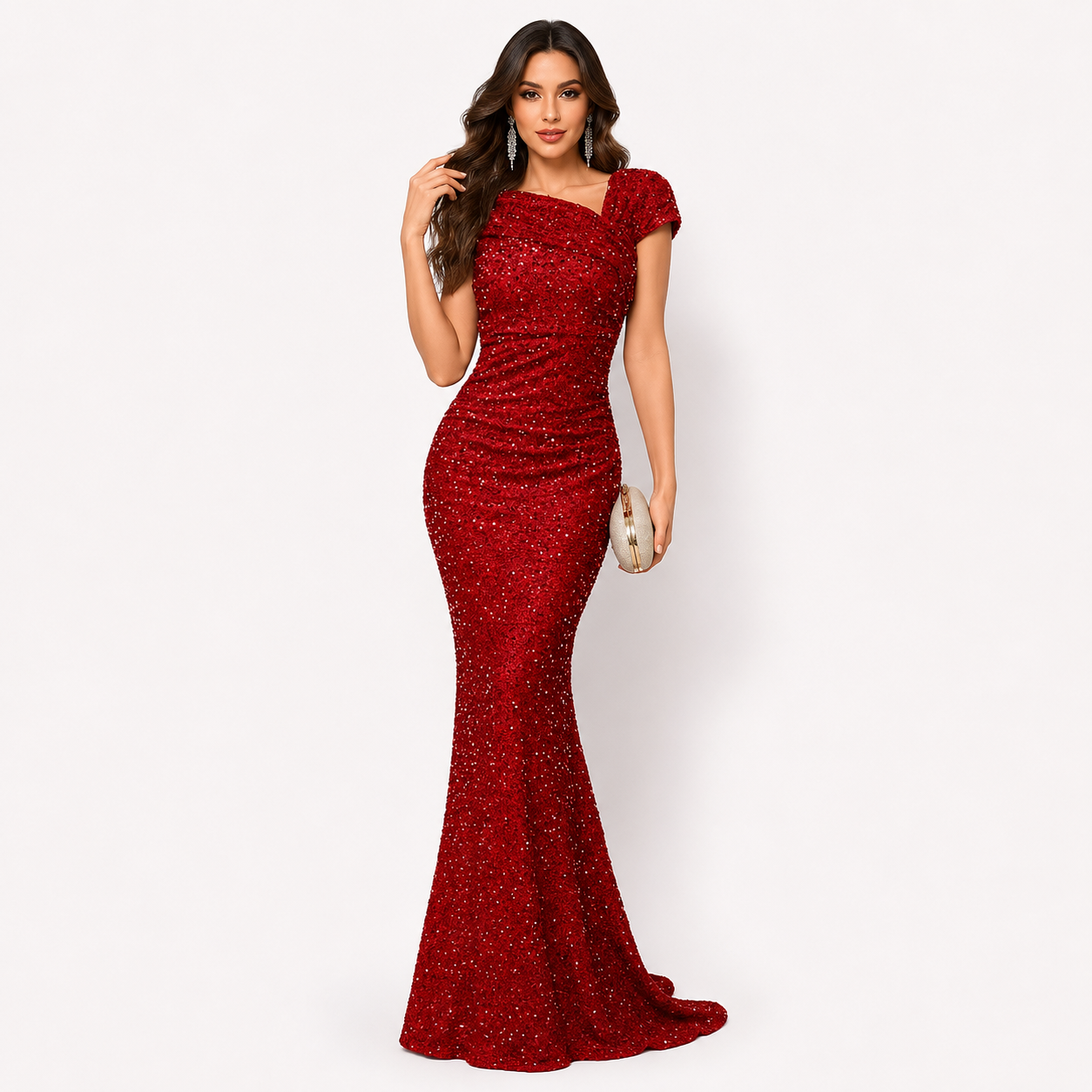 Damen Abendkleid Rot mit Pailletten - Figurbetonte Elegante Meerjungfrau Passform - Rosesamour