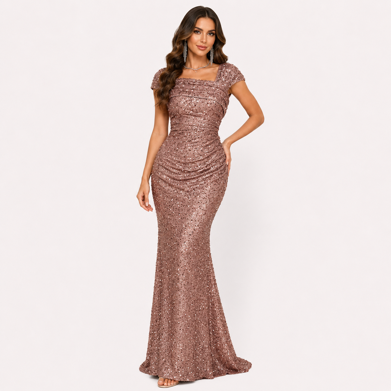 Damen Abendkleid Champagner mit Pailletten - Figurbetonte Elegante Meerjungfrau Passform - Rosesamour