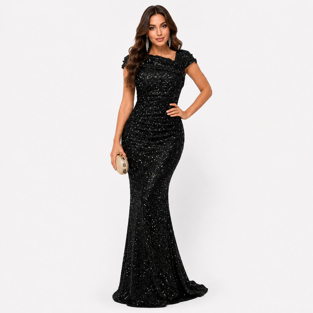 Damen Abendkleid Schwarz mit Pailletten - Figurbetonte Elegante Meerjungfrau Passform - Rosesamour