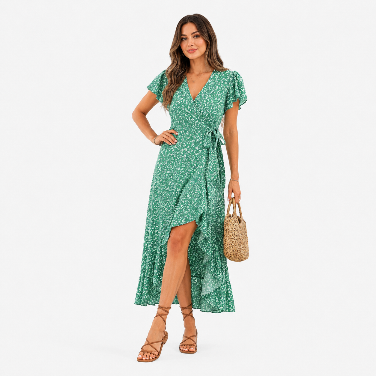 Damen Wickelkleid Grün Blumenmuster - Fließende Midi Passform - Rosesamour