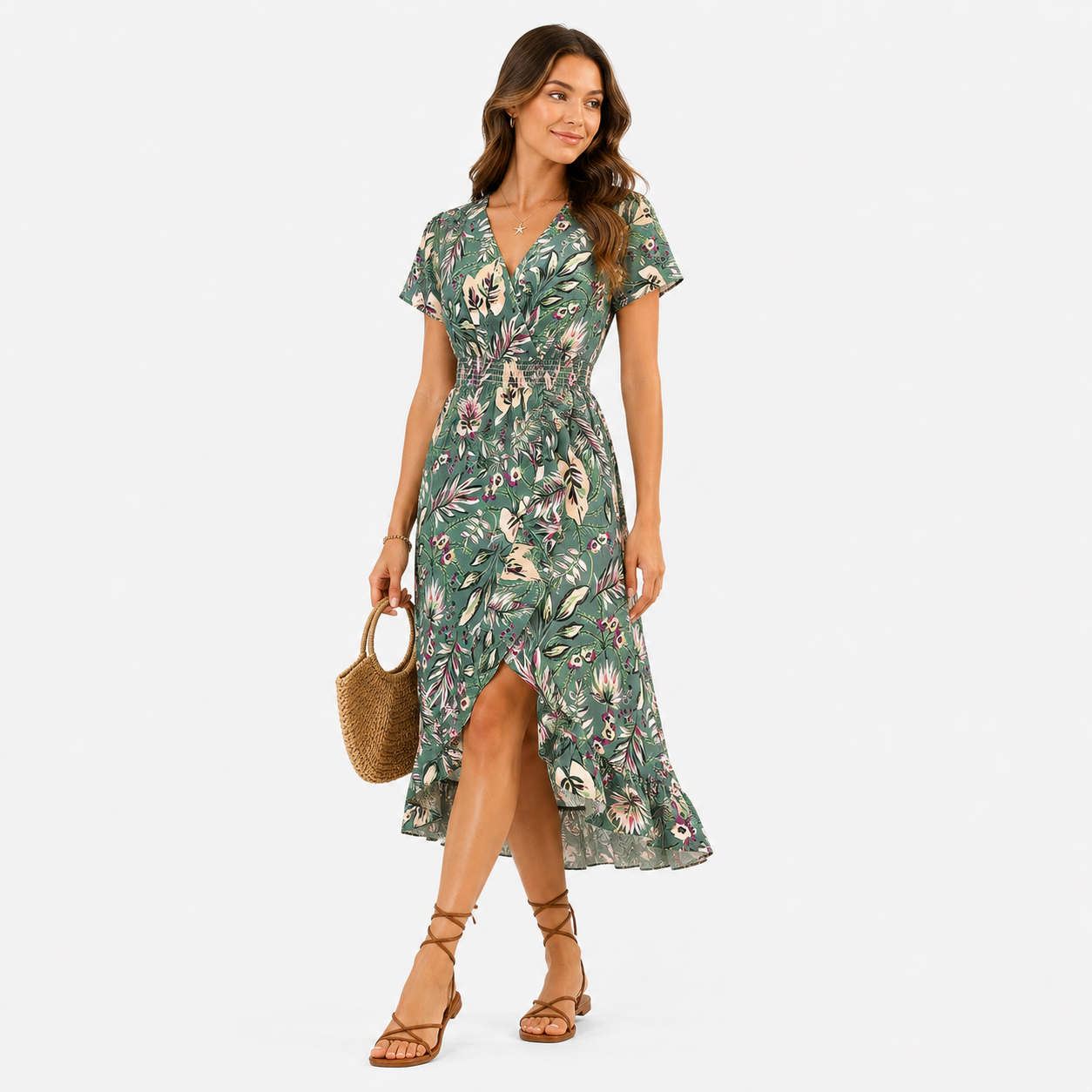 Damen Sommerkleid Grün Tropenprint - Fließende Midi Passform - Rosesamour