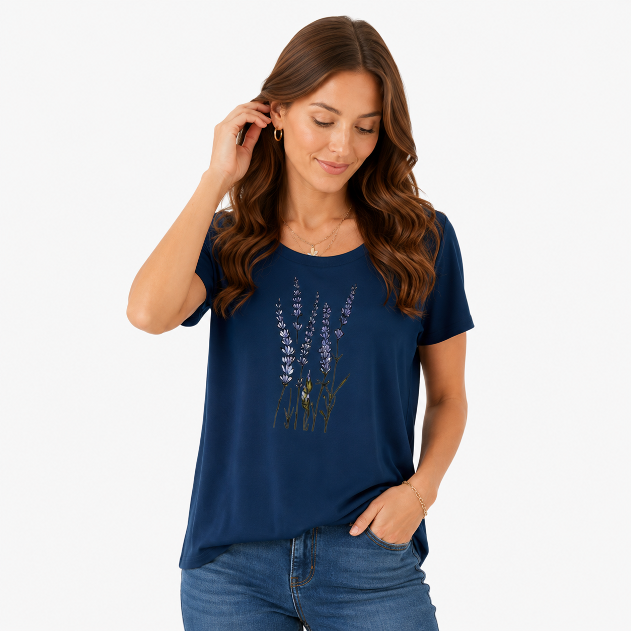 Damen Sommer Shirt Dunkelblau mit Blumen Print - Lockere Passform Freizeit Look - Rosesamour
