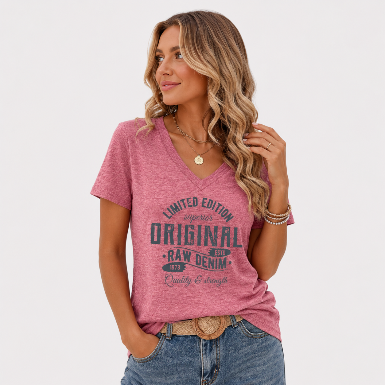 Damen V Ausschnitt Shirt Rosa - Lockere Passform Retro Denim Look - Rosesamour