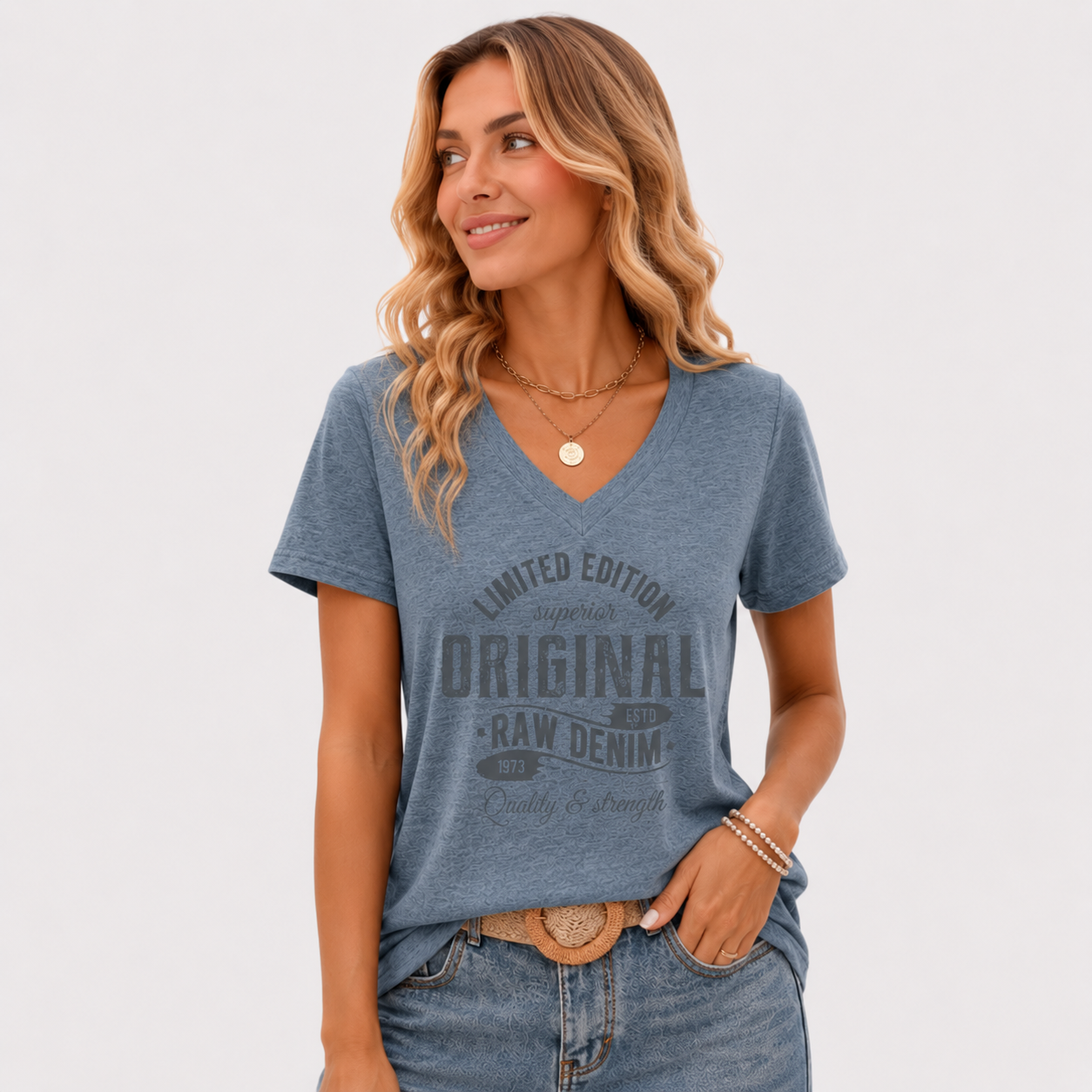Damen V Ausschnitt Shirt Hellblau - Lockere Passform Vintage Denim Look - Rosesamour