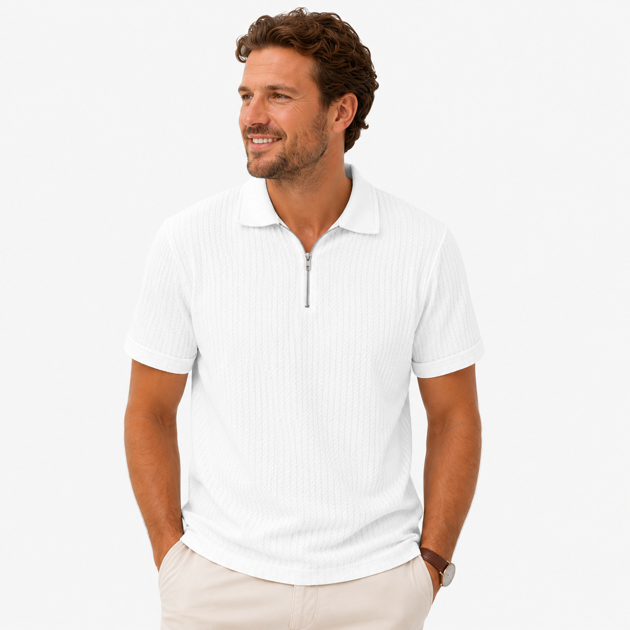 Herren Polo Shirt Weiß Jacquard - Moderne Passform Sommer Freizeit Look - Rosesamour