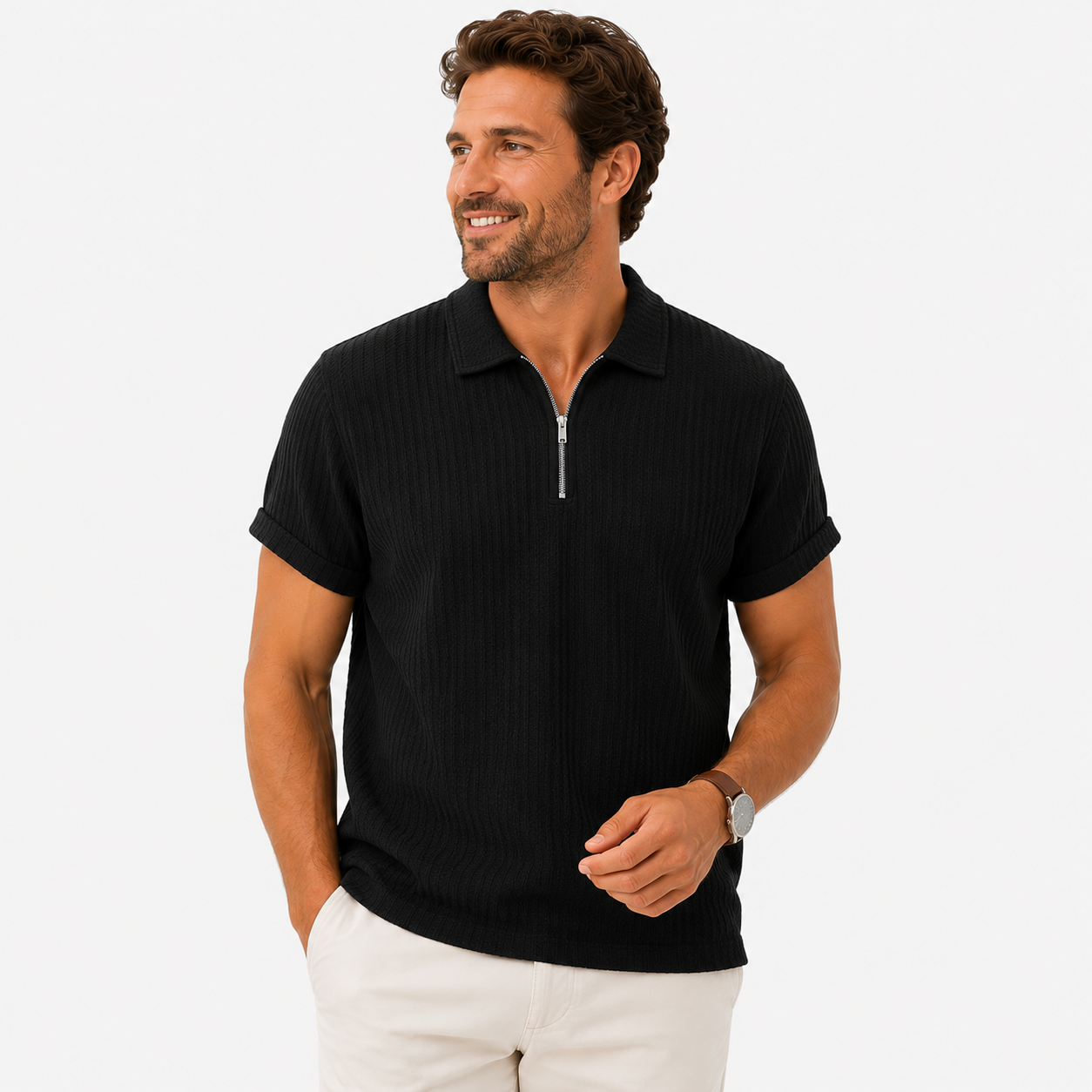 Herren Polo Shirt Schwarz Jacquard - Moderne Passform Sommer Freizeit Look - Rosesamour