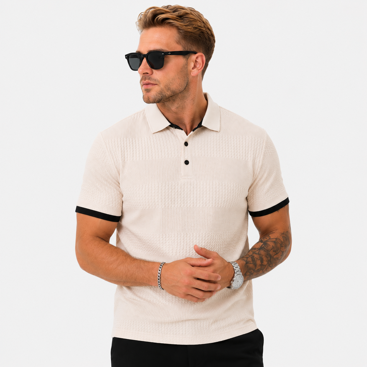 Herren Business Polo Shirt Beige - Strukturierte Passform Sommer Eleganz Look - Rosesamour