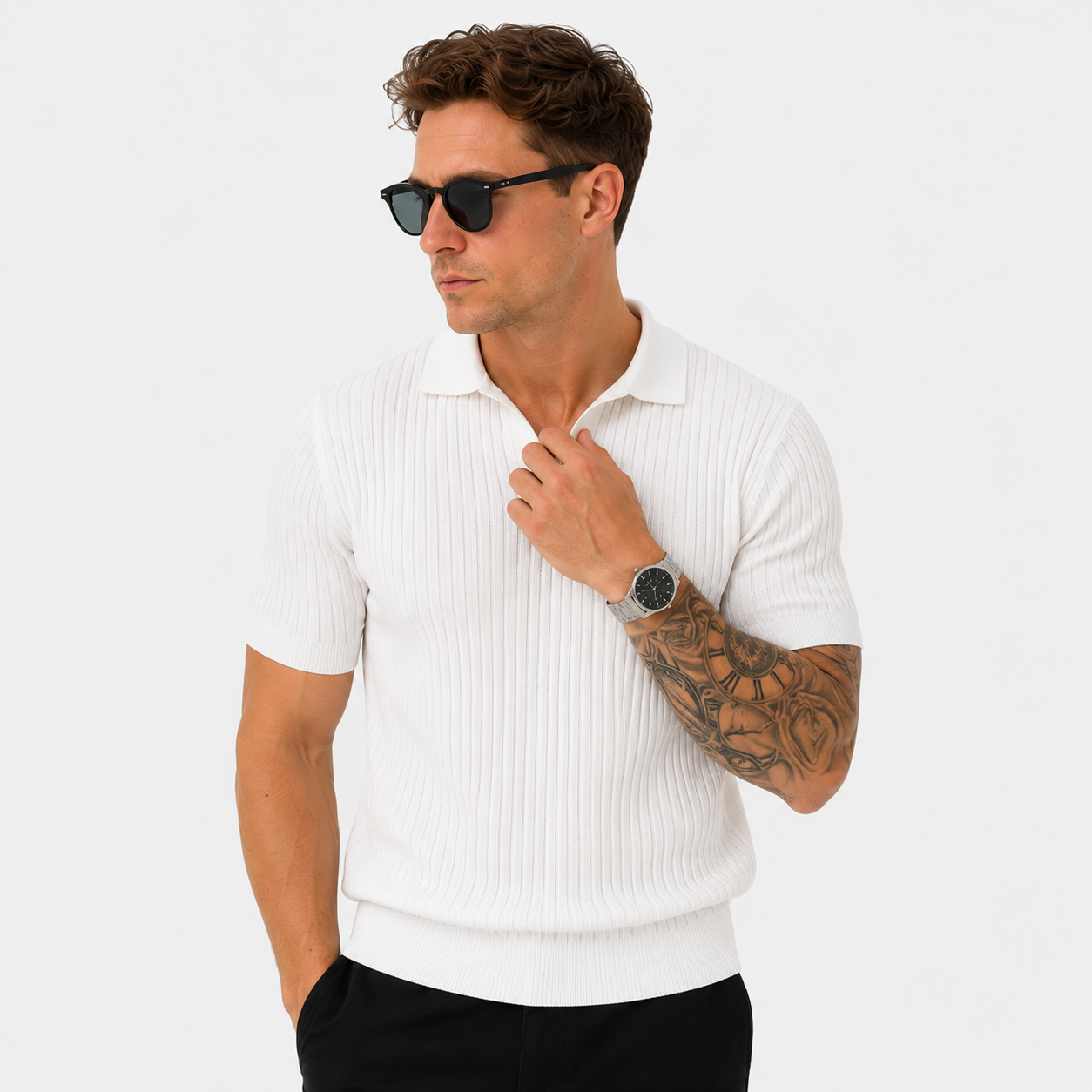 Herren Polo Strickshirt Weiß Gerippt - Moderne Passform Sommer Freizeit Look - Rosesamour