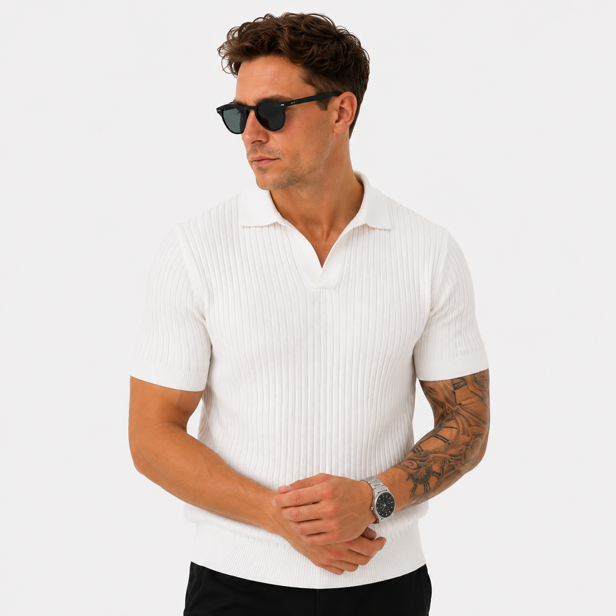 Herren Polo Strickshirt Weiß Gerippt - Moderne Passform Sommer Freizeit Look - Rosesamour