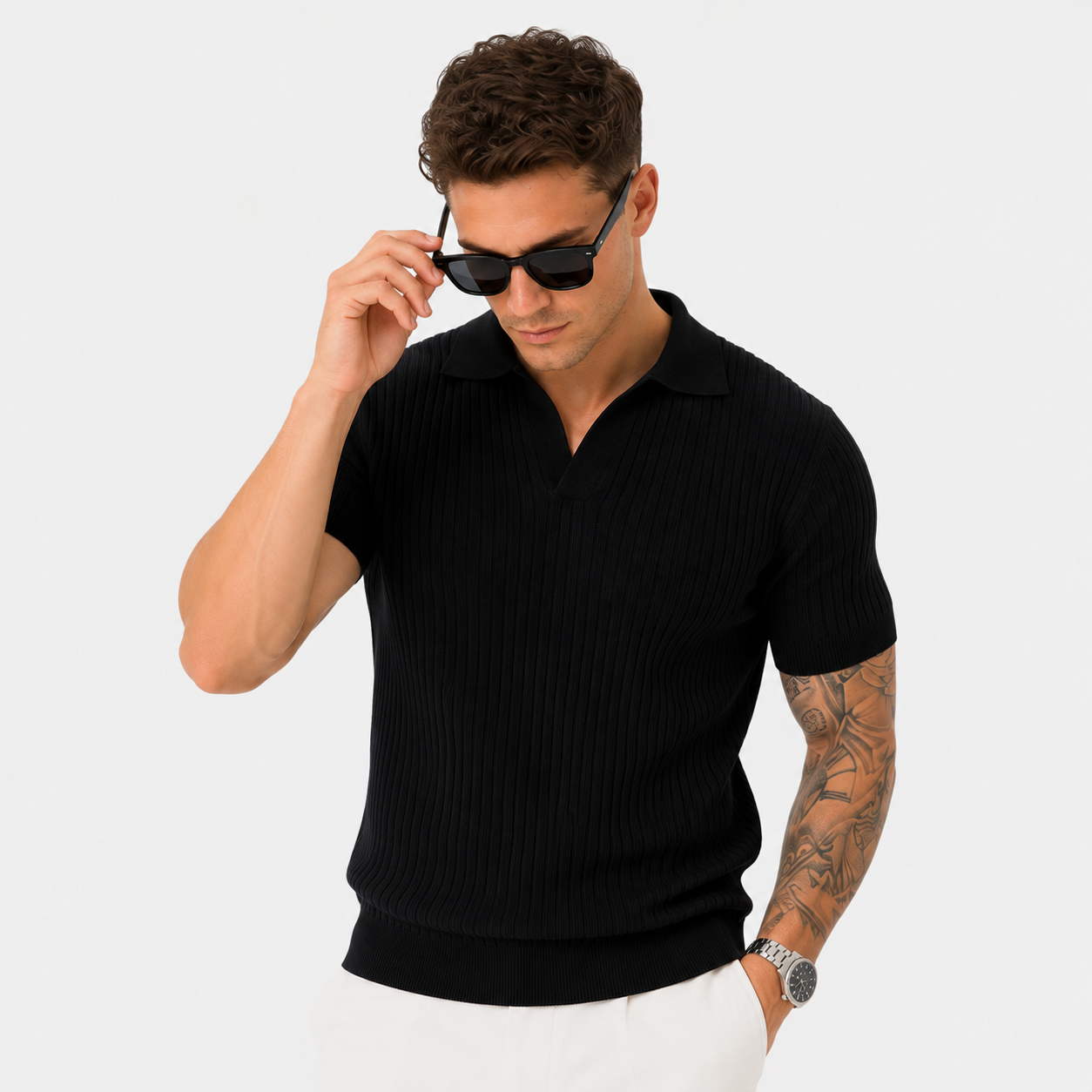 Herren Polo Strickshirt Schwarz Gerippt - Moderne Passform Sommer Freizeit Look - Rosesamour