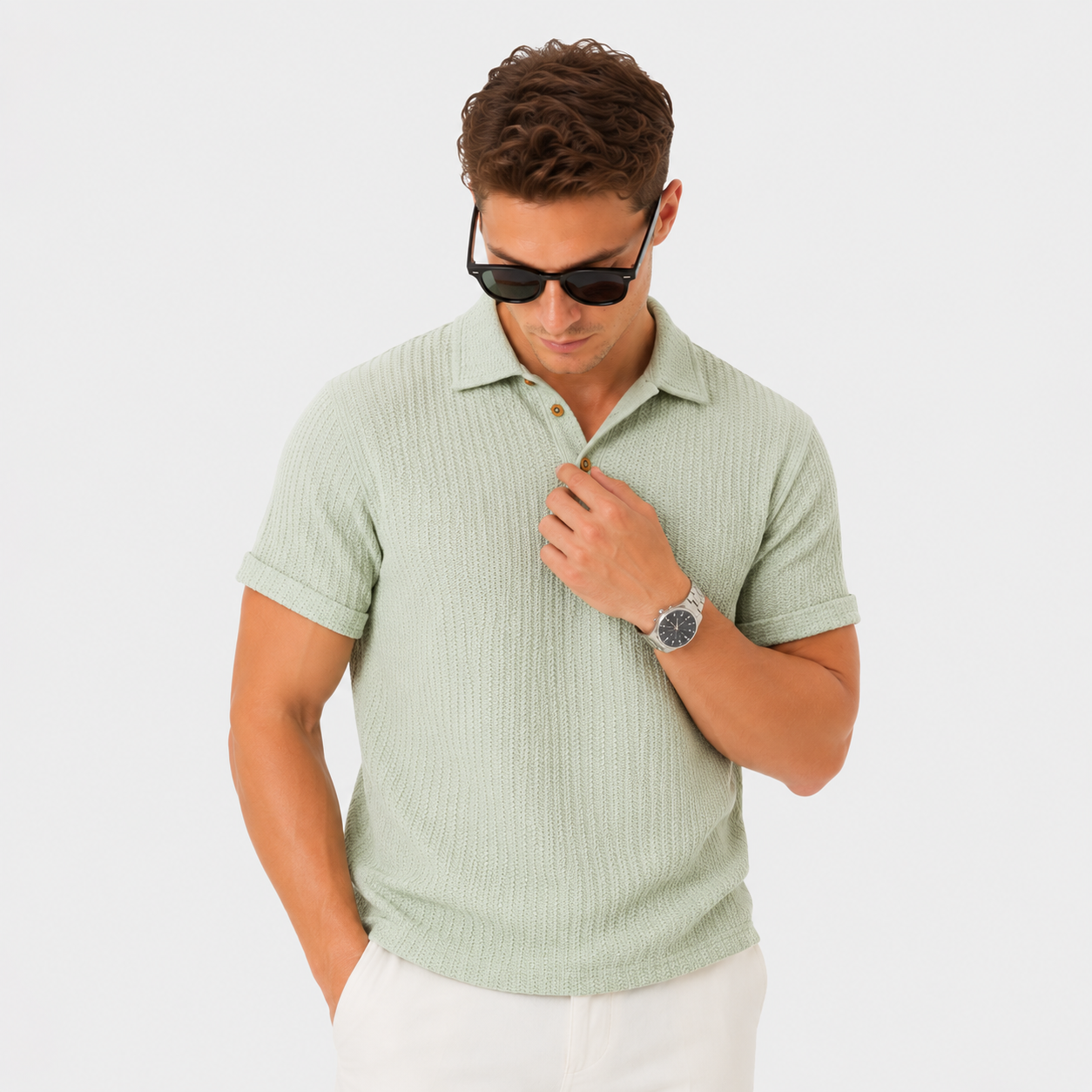 Herren Polo Shirt Grün Jacquard - Moderne Passform Sommer Freizeit Look - Rosesamour